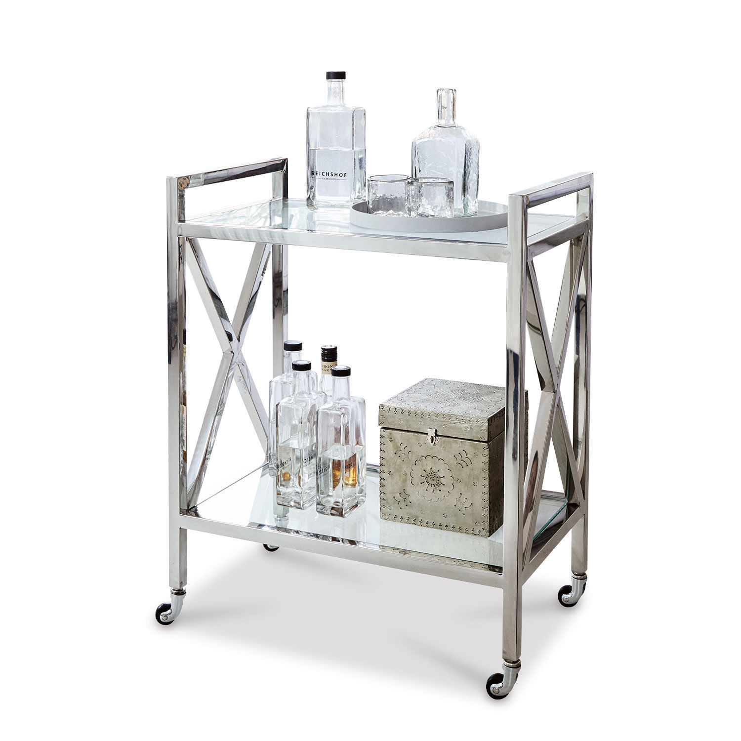 Carro de servicio Stamford Carrito de bar metálico con ruedas, dos estantes de vidrio y botellas decorativas