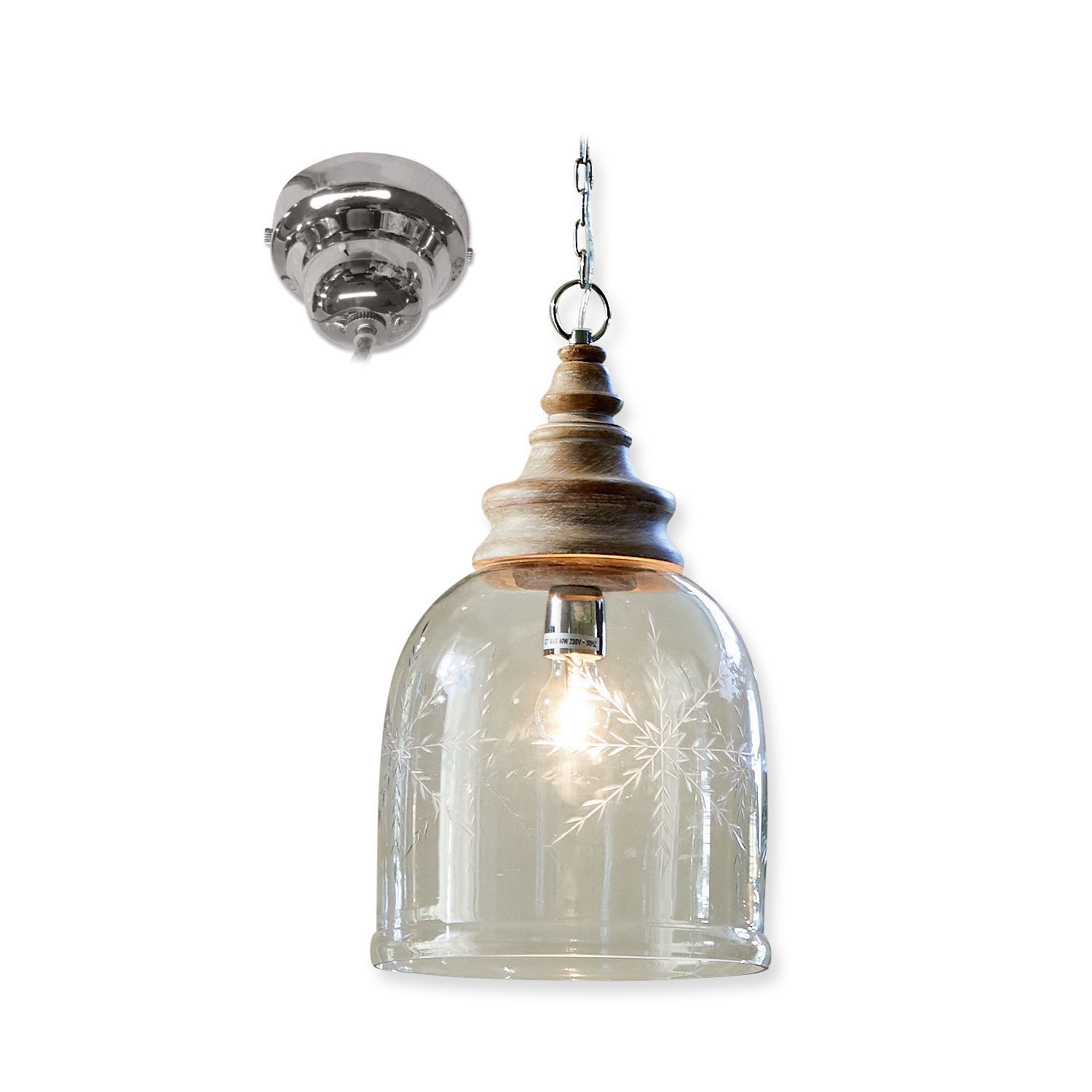 Lámpara colgante Bretterly Lámpara colgante de vidrio grabado y madera natural, luz decorativa de techo con bombilla visible