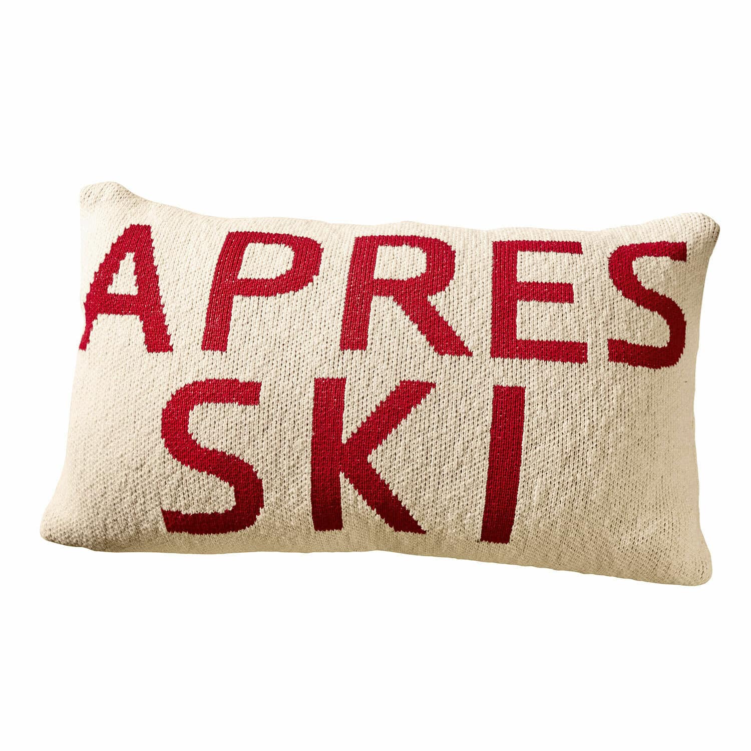 Funda de cojín Apres Ski Cojín rectangular crema de punto con texto rojo Apres Ski para decoración del hogar