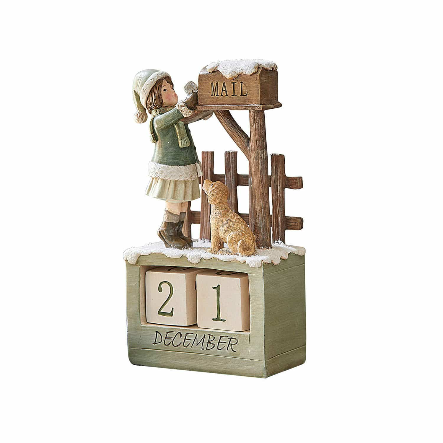 Calendario Leonce Calendario de adviento de madera con figura de niña y perro junto a buzón nevado en tonos verdes y beige