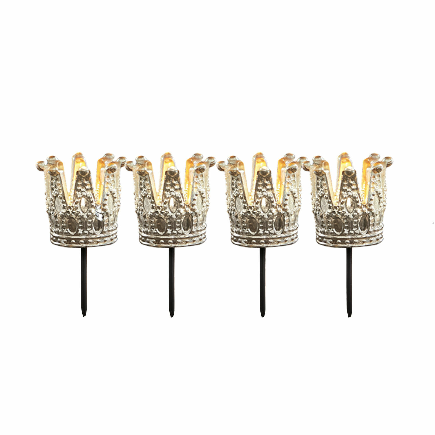 Set de 4 portavelas para clavar Melina Cuatro coronas decorativas de metal con pinchos negros y luz LED suave