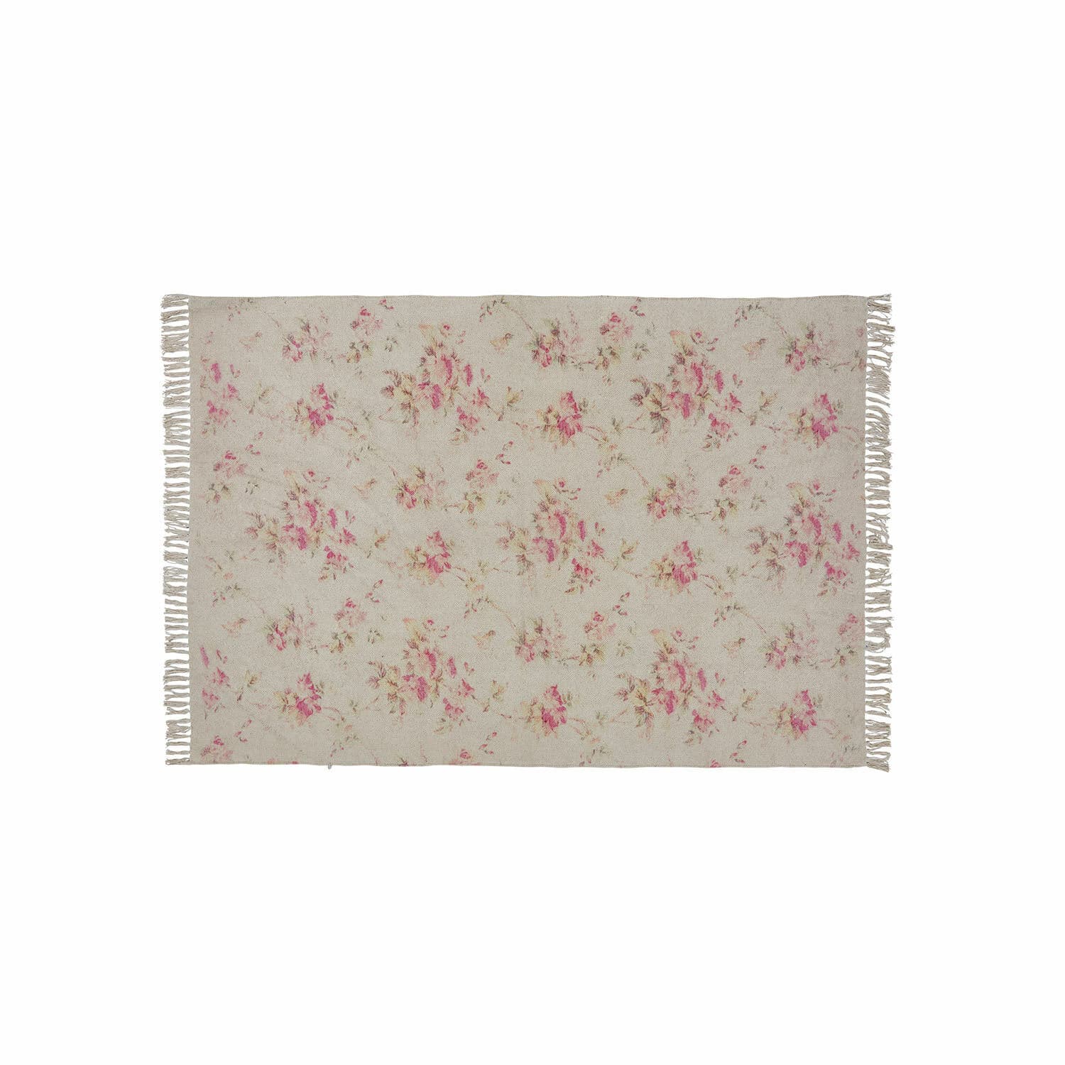 Alfombra Ingvi Alfombra beige con diseño floral y flecos, material suave, decoración vintage para interiores