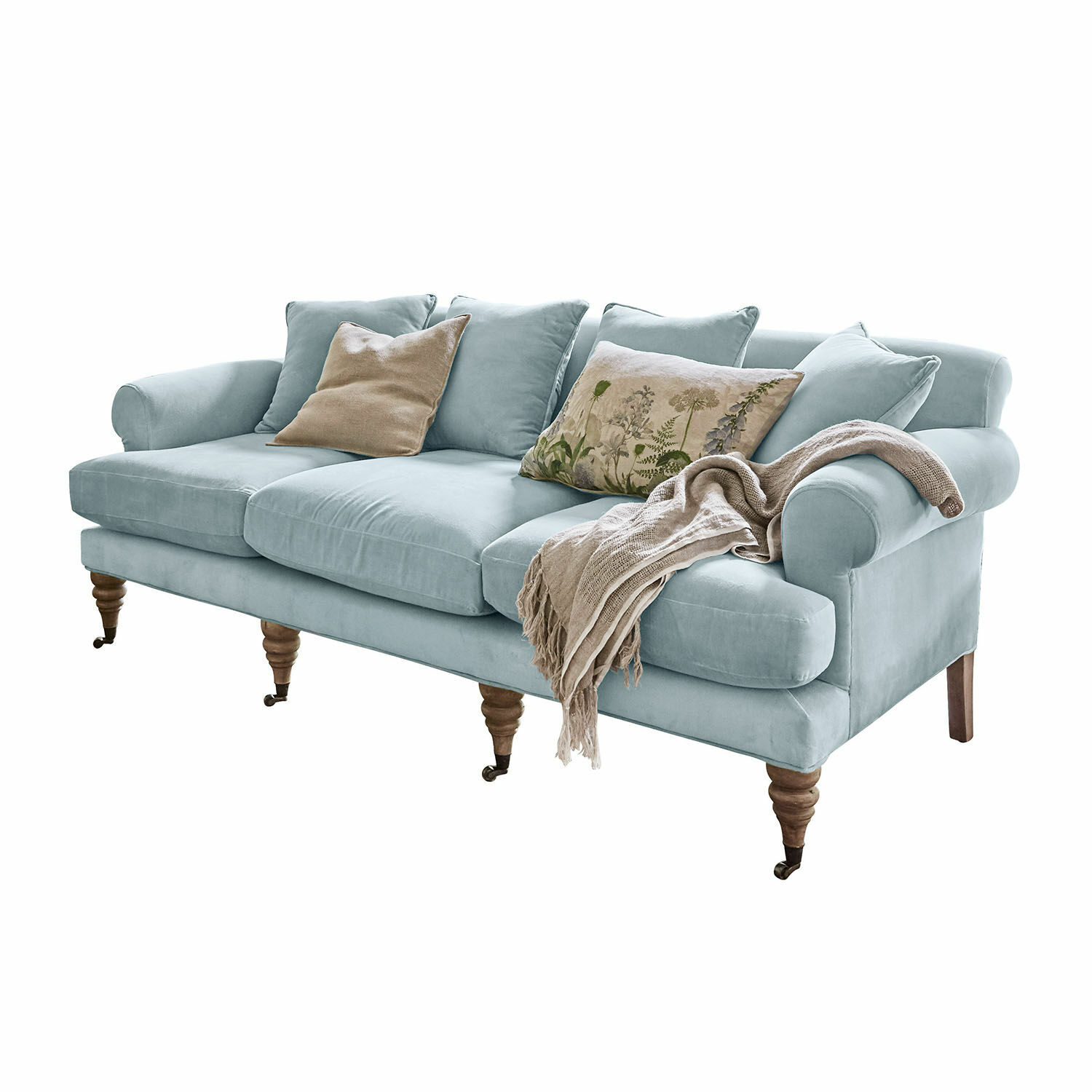 Sofá Kazimir Sofá azul claro de terciopelo con cojines y manta beige, mueble cómodo para sala de estar