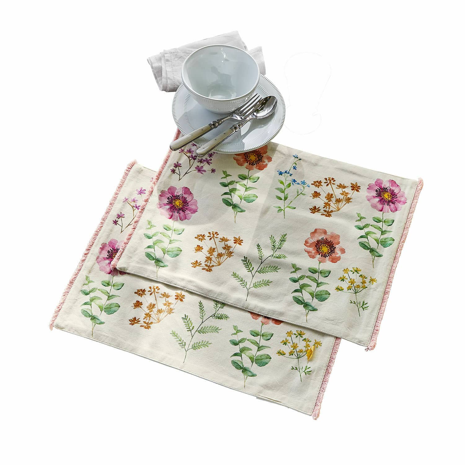 Set de 2 manteles individuales Fahzoura Juego de dos manteles individuales de algodón con diseño floral en colores pastel para mesa