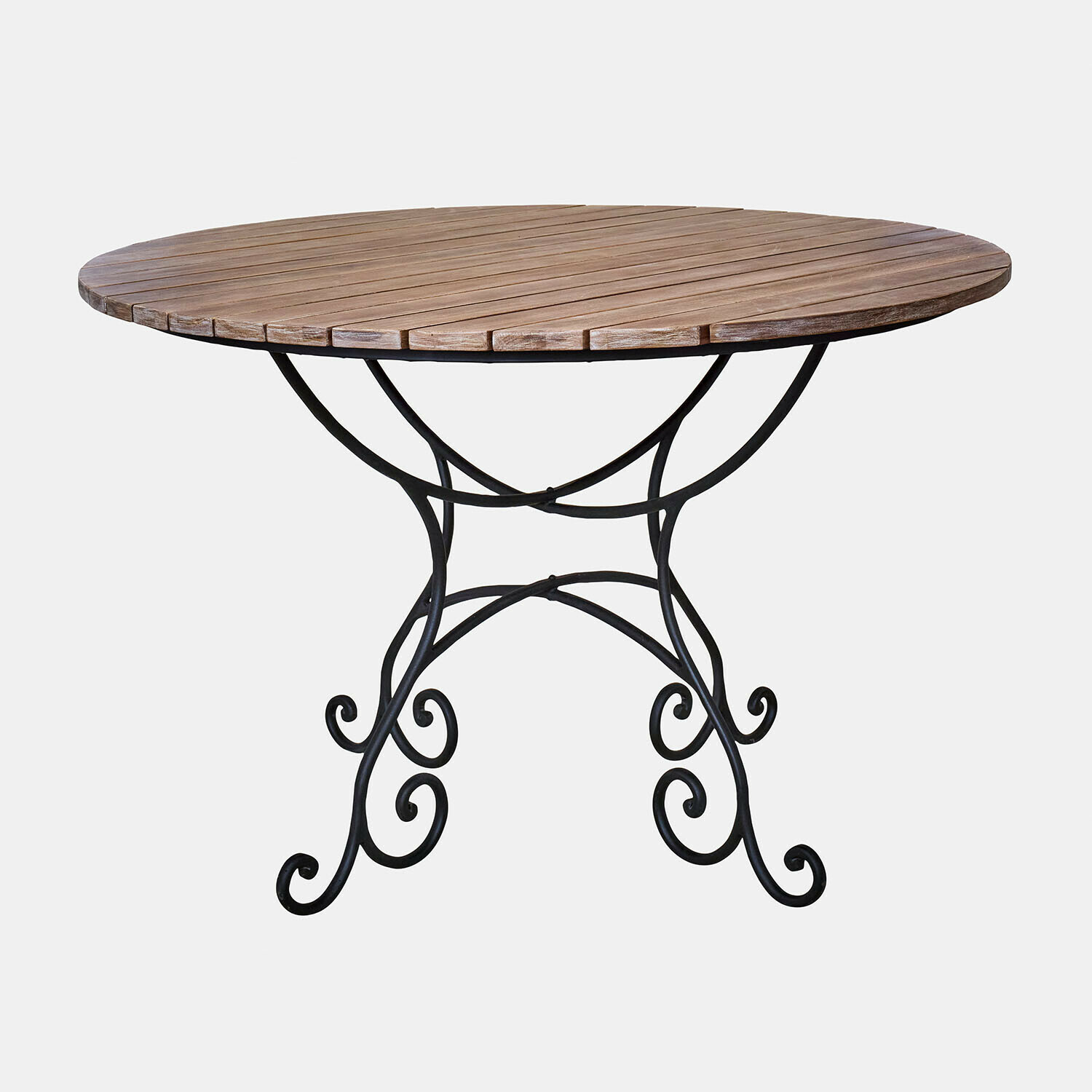 Mesa Arémont Mesa redonda con tablero de madera y base de metal negro con adornos en espiral, mueble de jardín