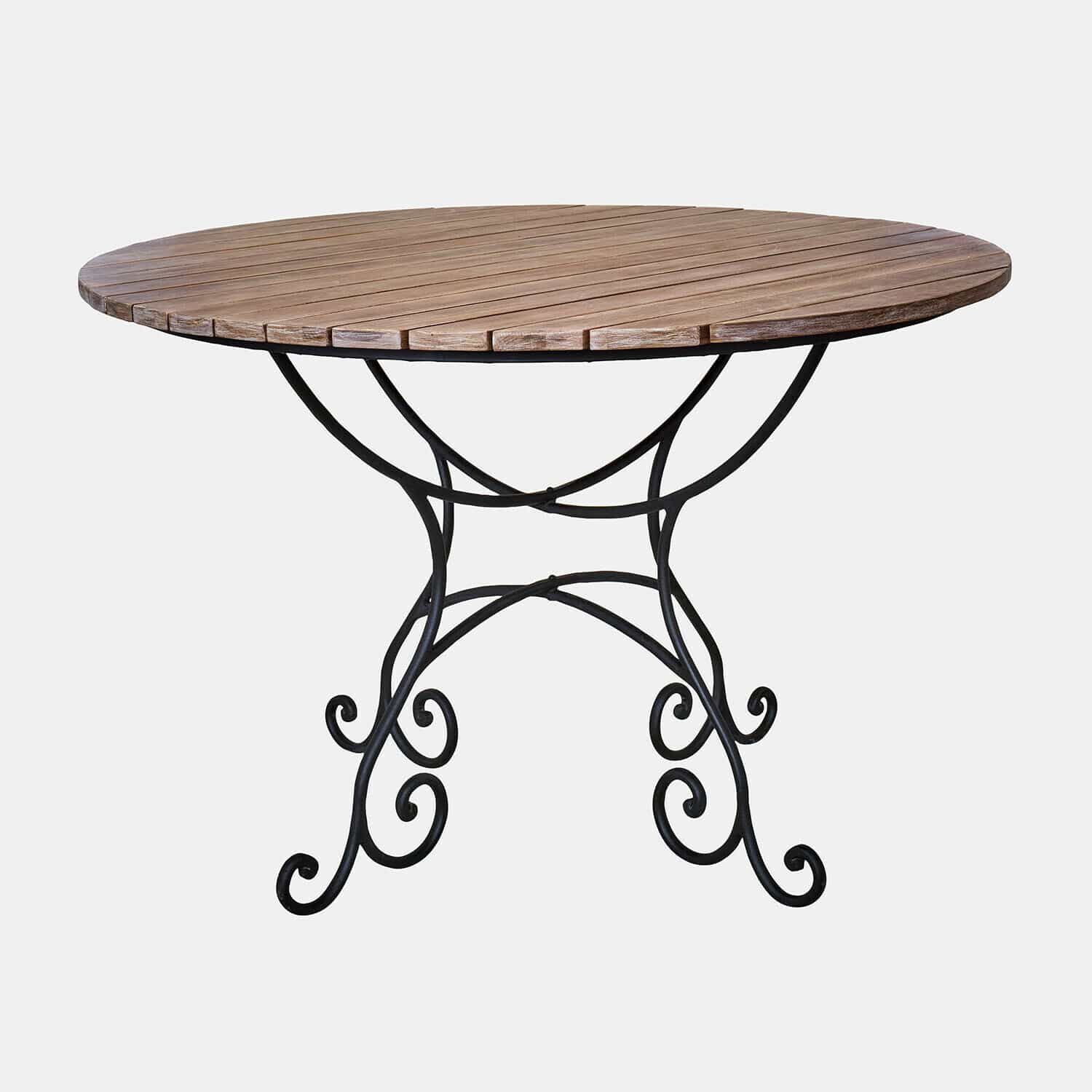 Mesa Arémont Mesa redonda con tablero de madera y base de metal negro con adornos en espiral, mueble de jardín