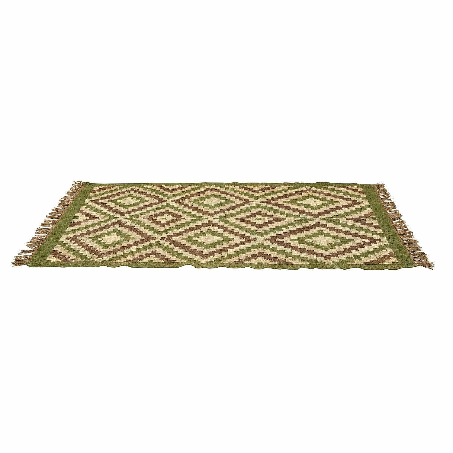 Alfombra Dailies Alfombra tejida con patrón geométrico en tonos verdes y marrones con flecos en los bordes.