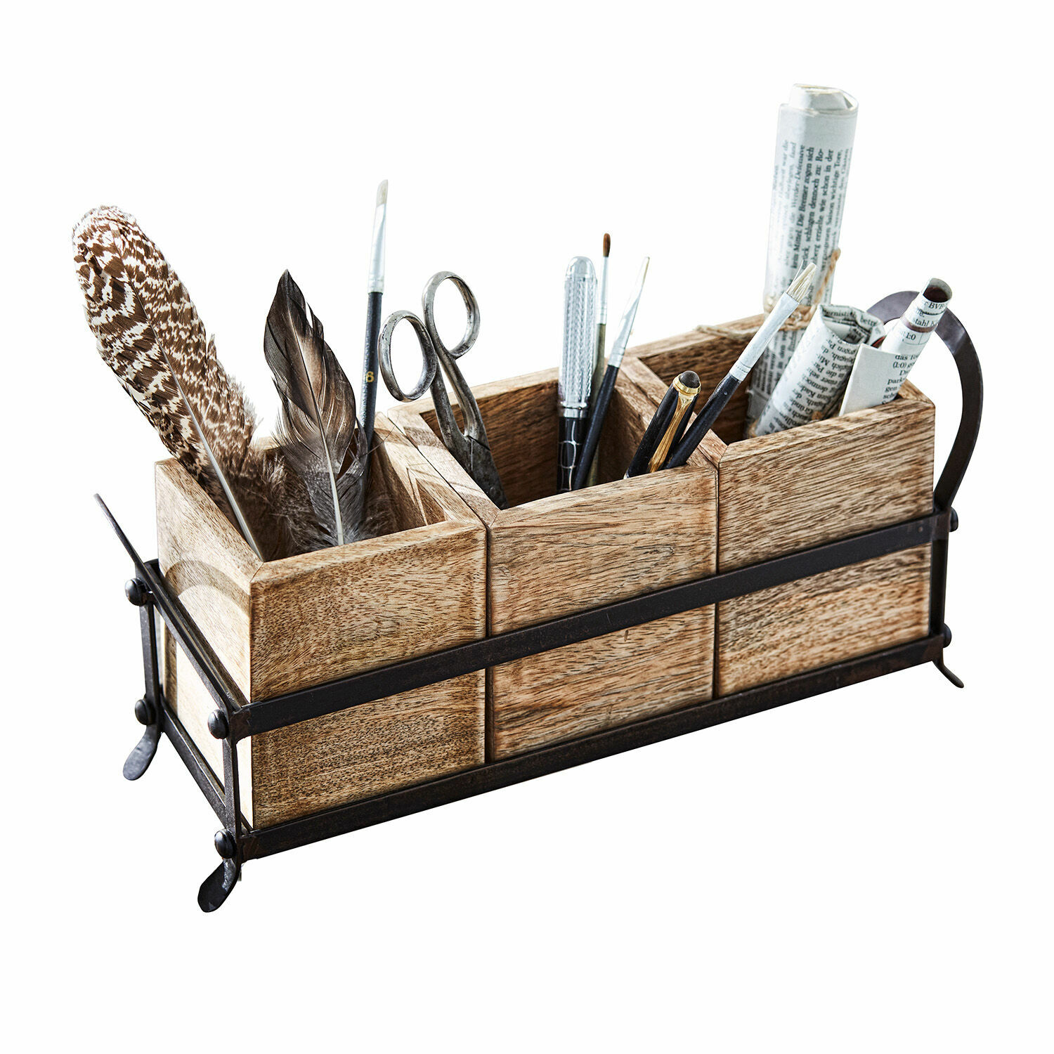 Organizador Lasse Organizador de escritorio de madera y metal en color natural con plumas y útiles de escritura