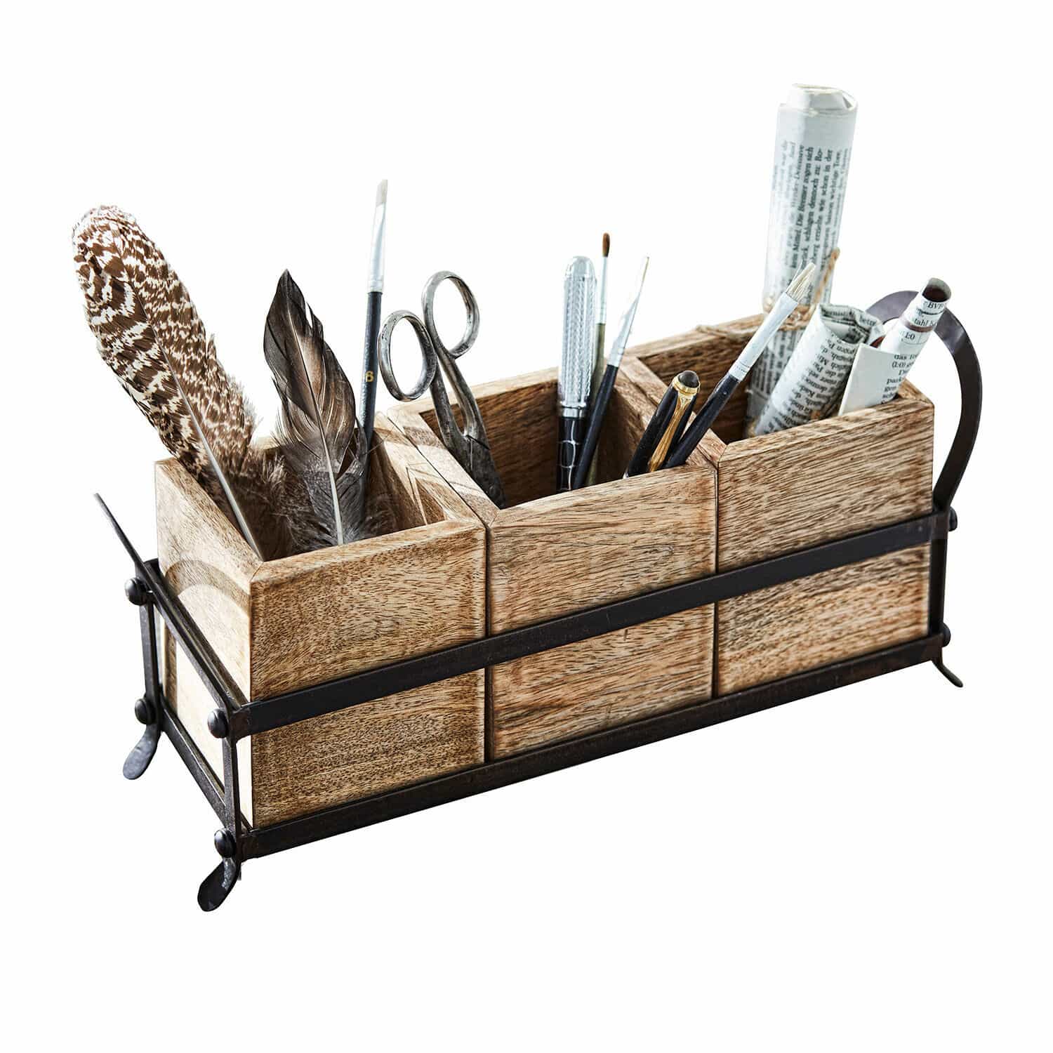 Organizador Lasse Organizador de escritorio de madera y metal en color natural con plumas y útiles de escritura