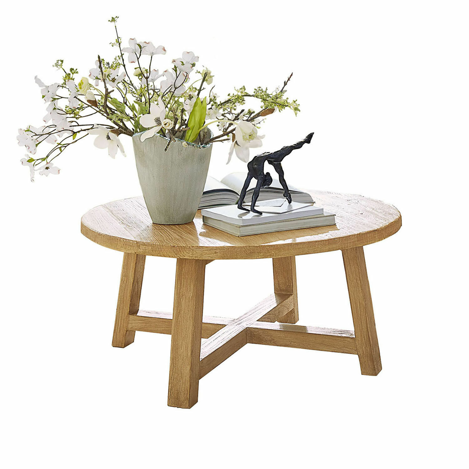 Mesa de centro Gorivel Mesa de centro redonda de roble natural con decoración floral y figura sobre libros apilados