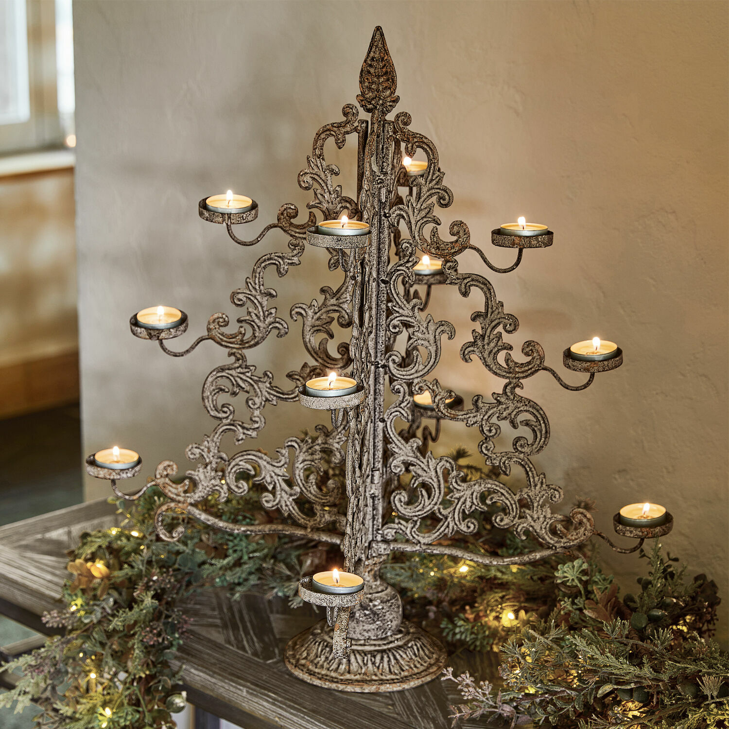 Árbol decorativo Valledupar Candelabro de metal en forma de árbol con 12 portavelas para tealights, decoración rústica navideña