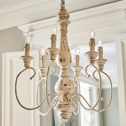 Lámpara colgante Greenwich de metal blanco envejecido, candelabro clásico de seis brazos