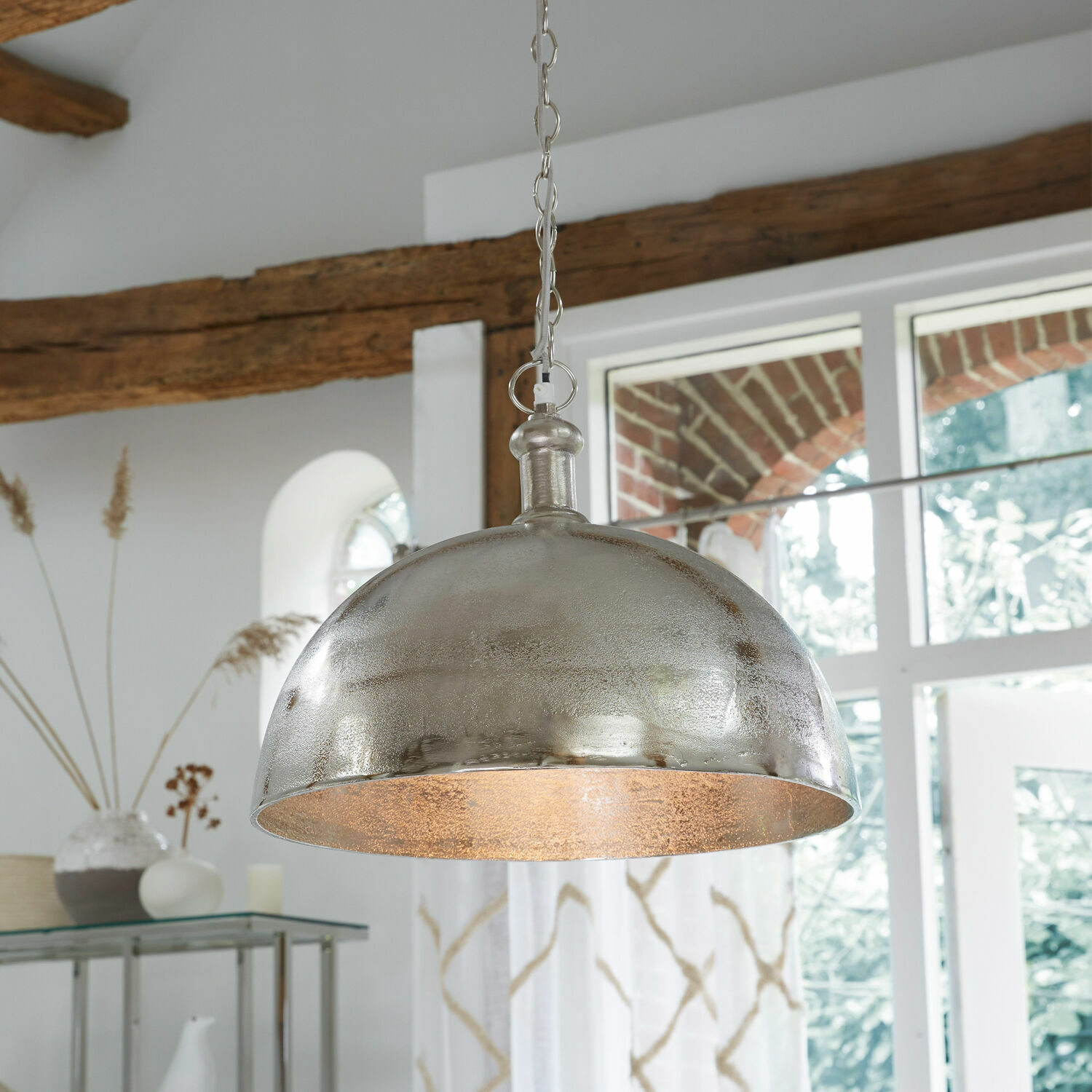 Lámpara colgante Kandi Lámpara colgante de metal plateado con cadena, iluminación moderna para salón
