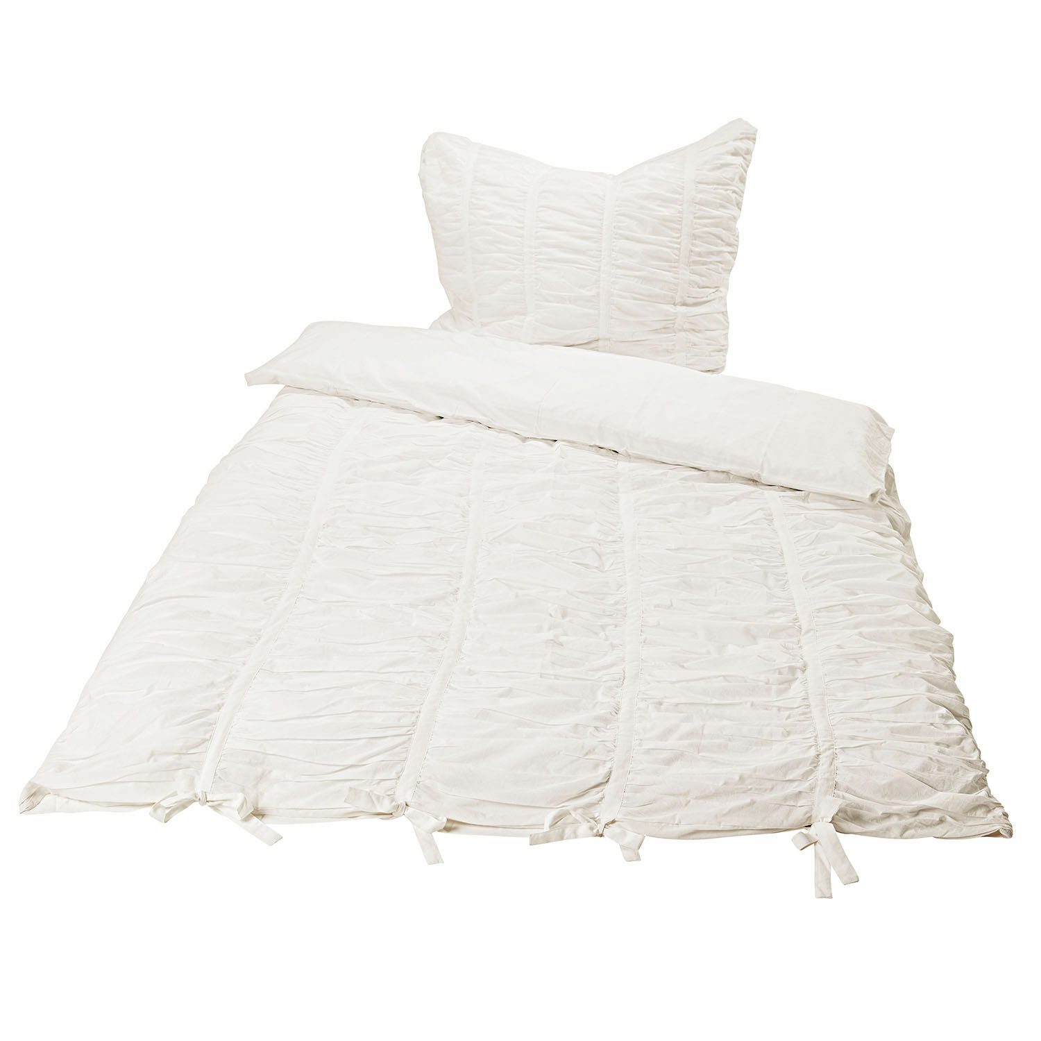 Ropa de cama Magdelen Ropa de cama blanca de algodón con frunces y lazos, suave y decorativa para dormitorio