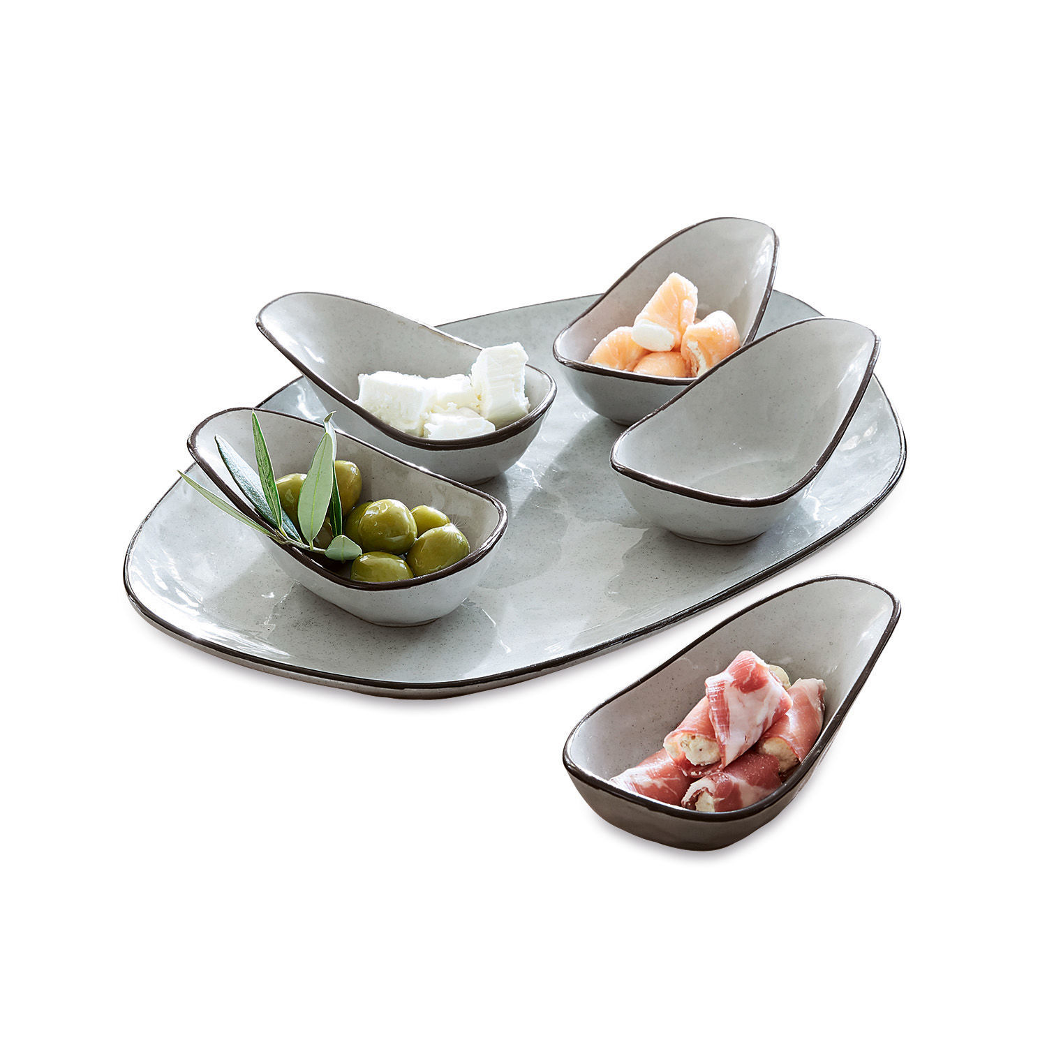Set de 5 cuencos y plato de servir Biarré Juego de cuencos de cerámica gris para aperitivos con aceitunas y queso