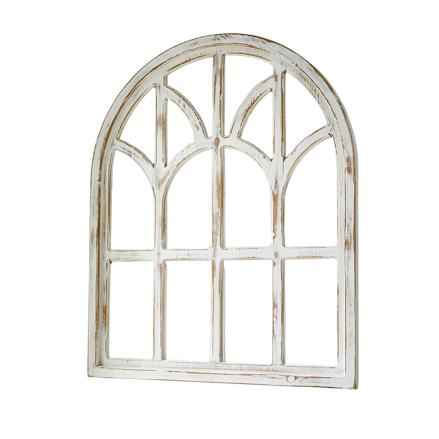 Ventana decorativa Morilev Ventana decorativa de madera blanca con diseño arqueado y acabado envejecido para interiores vintage
