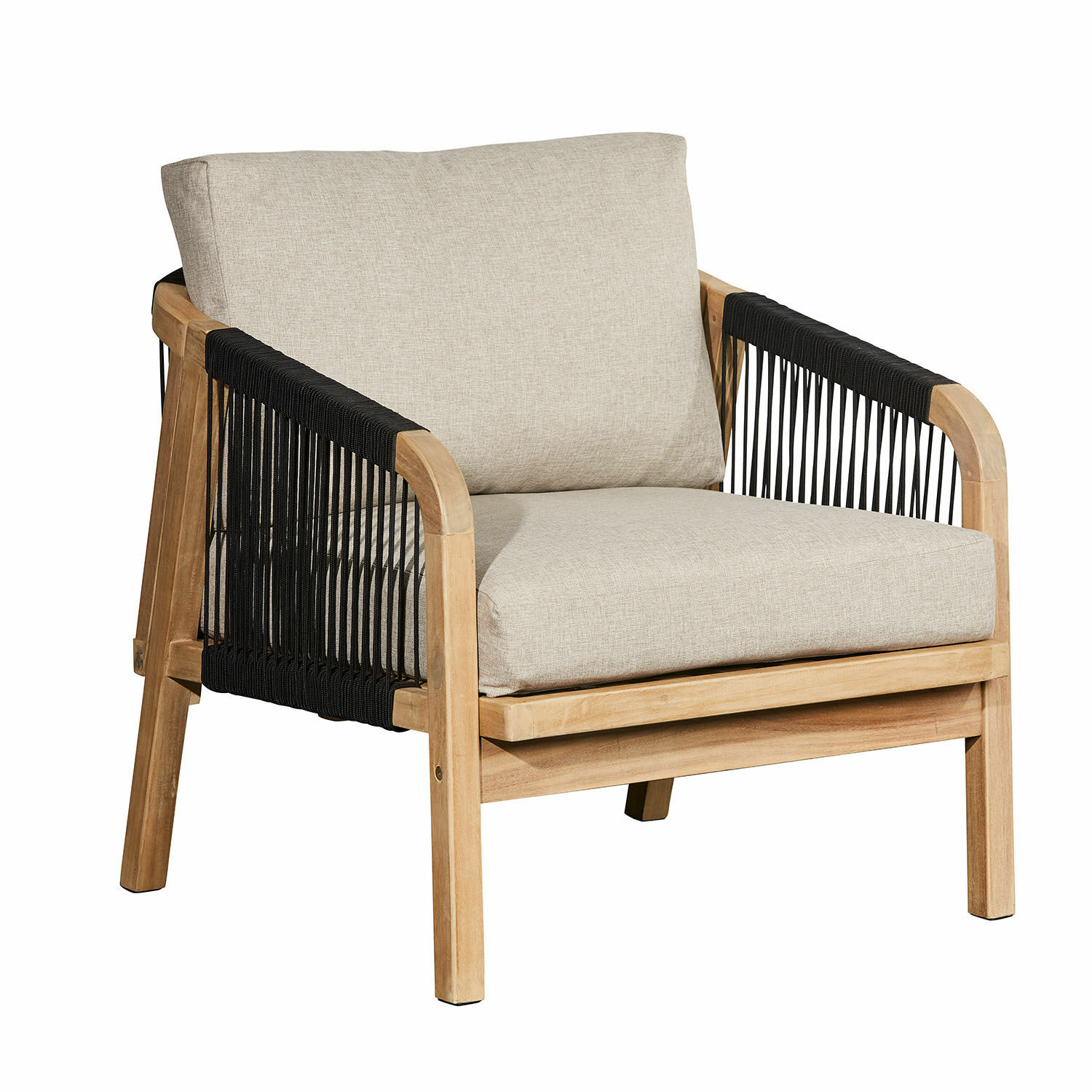 Sillón de teca con cojines beige y cuerdas negras, mueble moderno para sala de estar