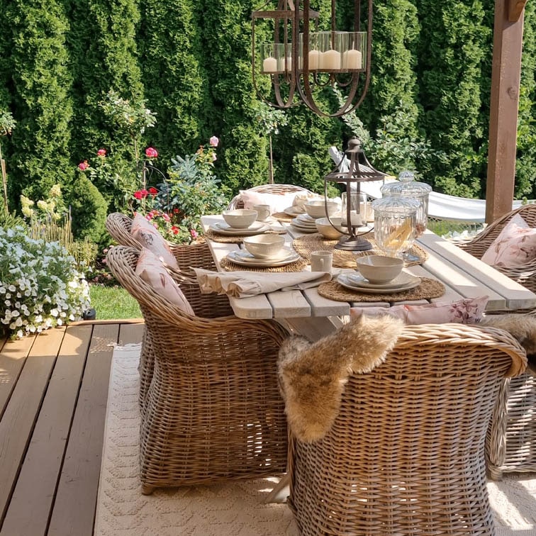 Conjunto de muebles de jardín de mimbre natural con mesa blanca y decoraciones en terraza soleada