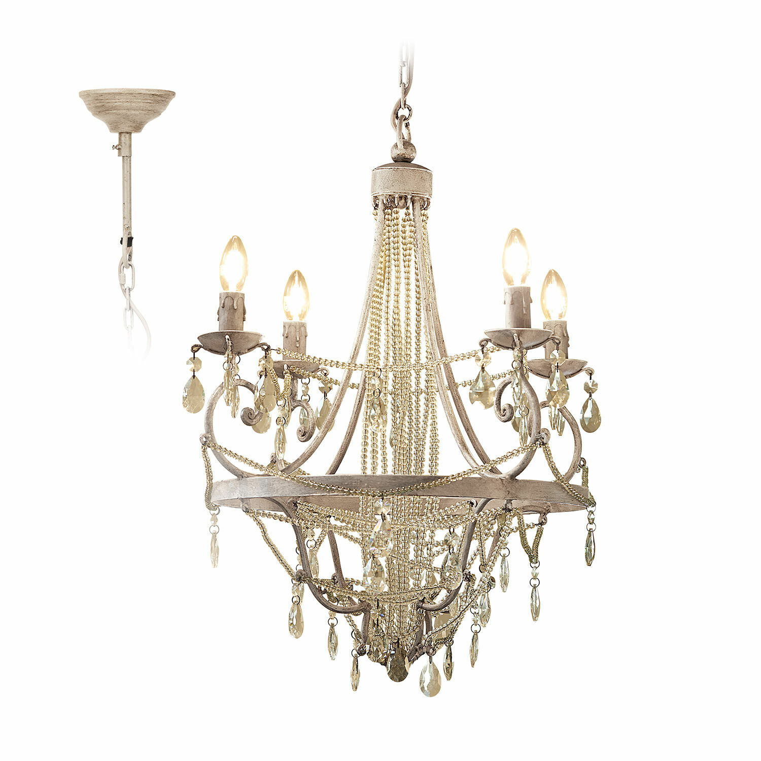 Lámpara de araña Caristano Lámpara de araña de metal beige con colgantes de cristal y cuatro bombillas decorativas encendidas