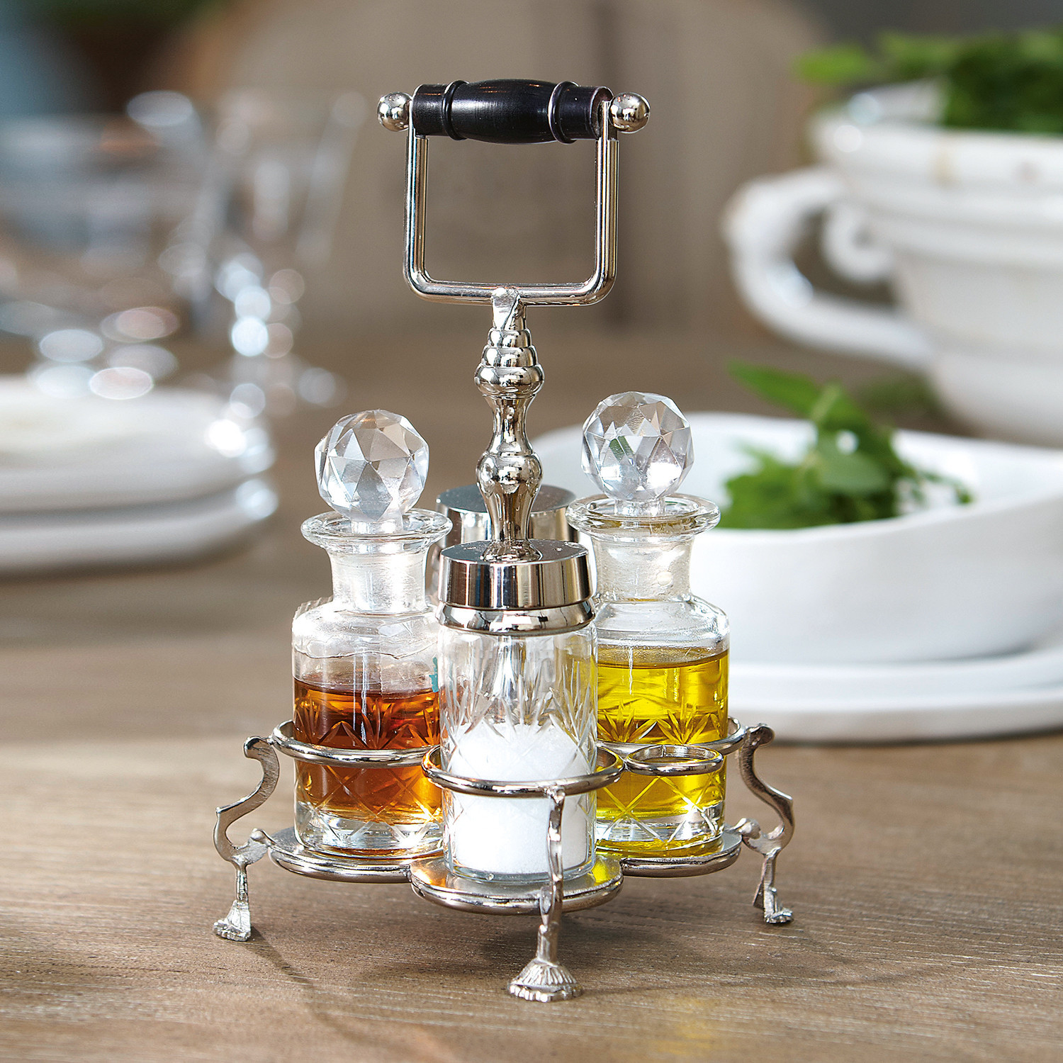 Set de aceitera, vinagrera, salero y pimentero Fayetteville Juego de especias de vidrio y metal con tapones de cristal para aceite, vinagre y sal