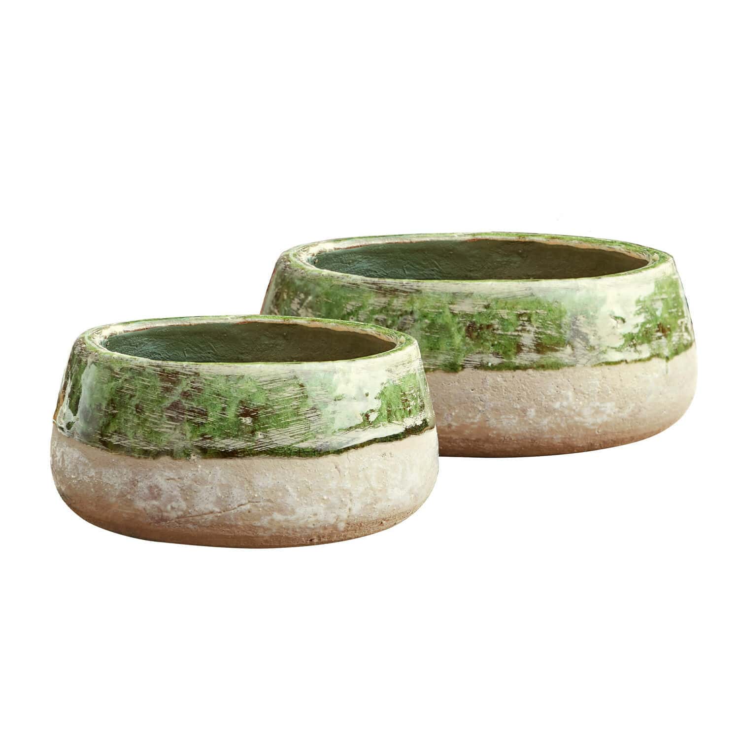Set de 2 cuencos Reefton Conjunto de dos macetas de cerámica en verde y beige para decoración de jardín y hogar