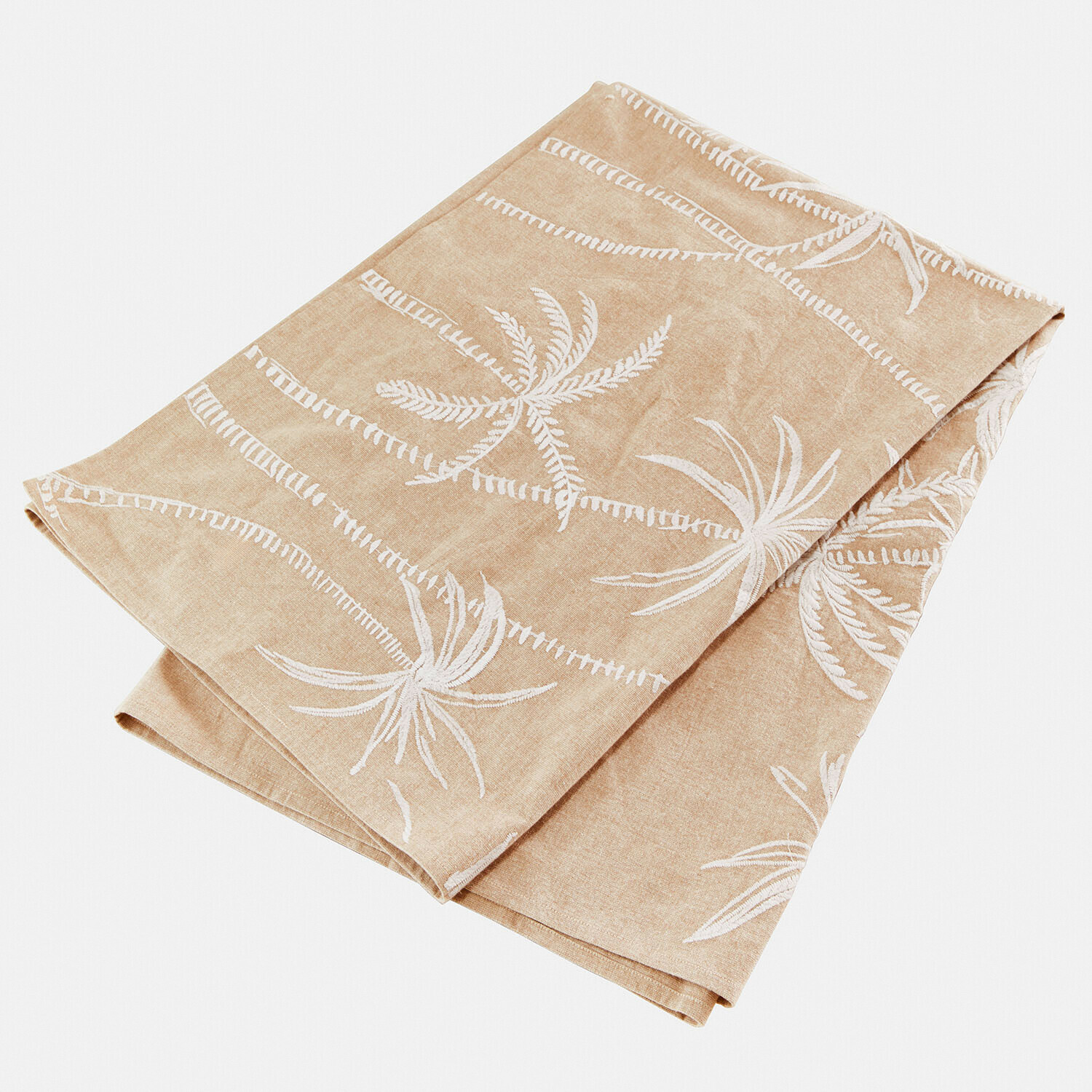 Plaid Windlake Mantel beige de lino con diseño vegetal blanco, textil decorativo para salón o comedor