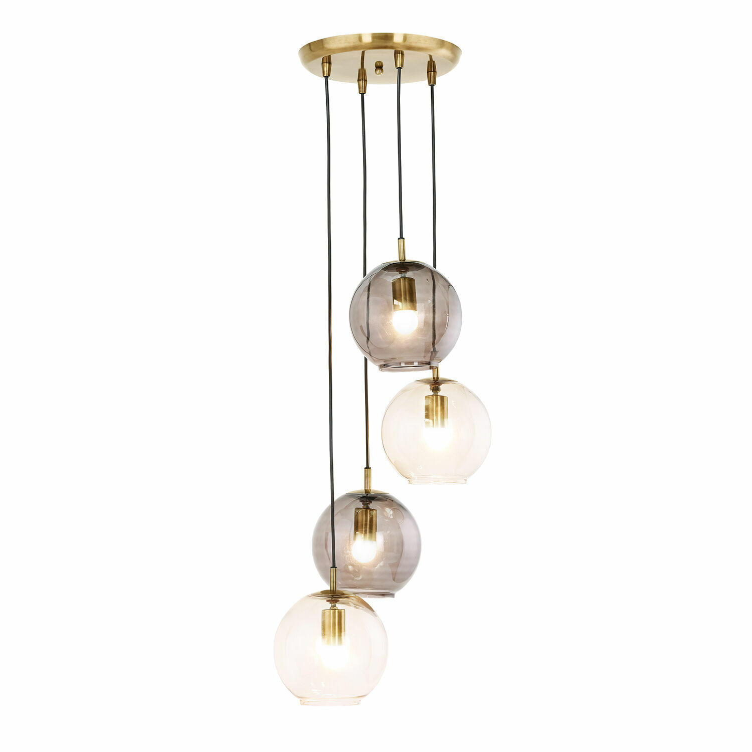 Lámpara colgante Brontille Lámpara colgante moderna con cuatro globos de vidrio en tonos ahumados y transparentes para decoración