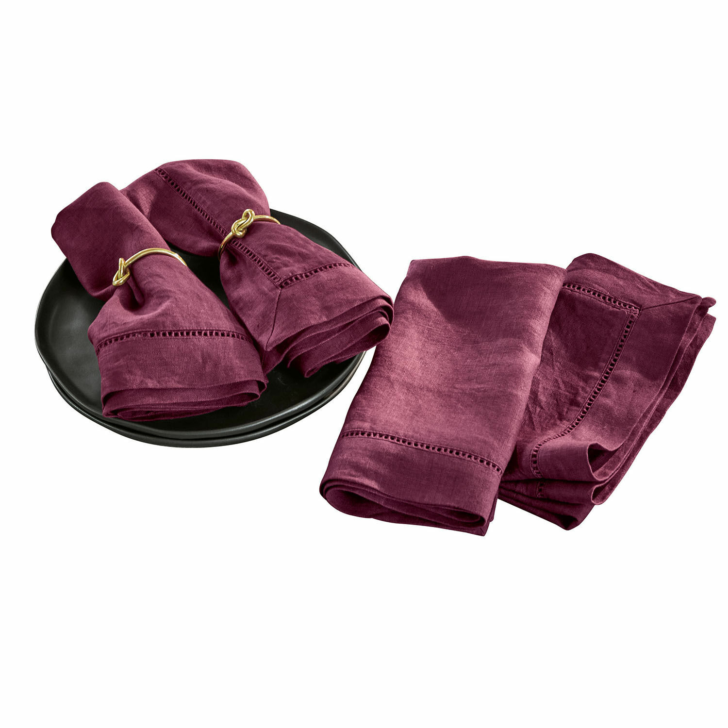 Set de 4 servilletas Covent Garden Juego de servilletas de lino burdeos con costura decorativa y anillos dorados para servilletas