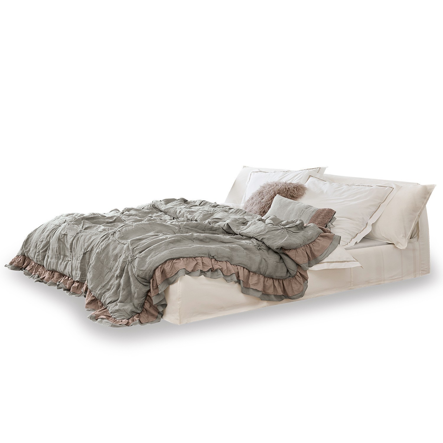 blanco Cama Cottonwood color crema con ropa de cama suave y cojines para dormitorio acogedor