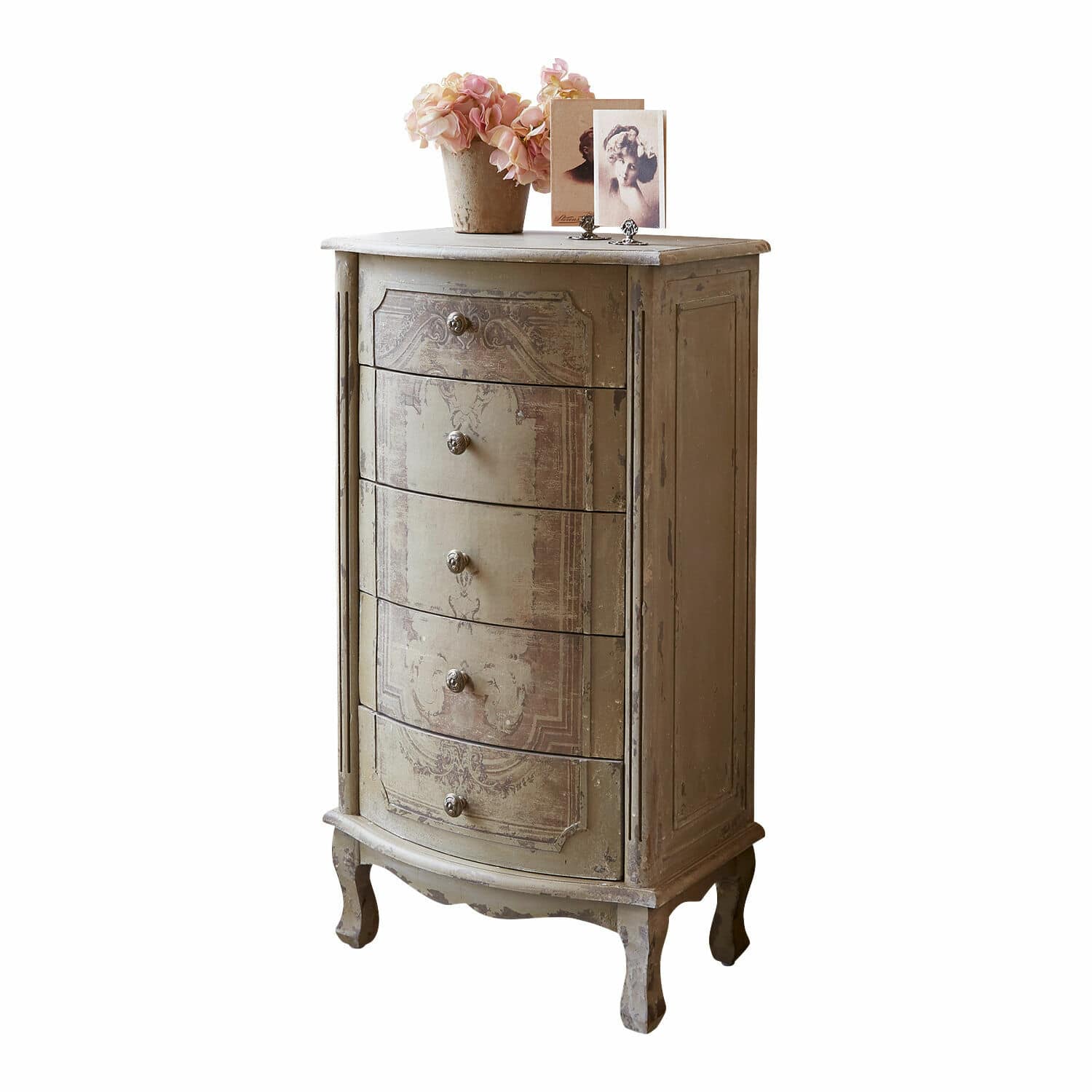 Cómoda Estere Cómoda de madera beige envejecida con cinco cajones y diseño decorativo vintage elegante