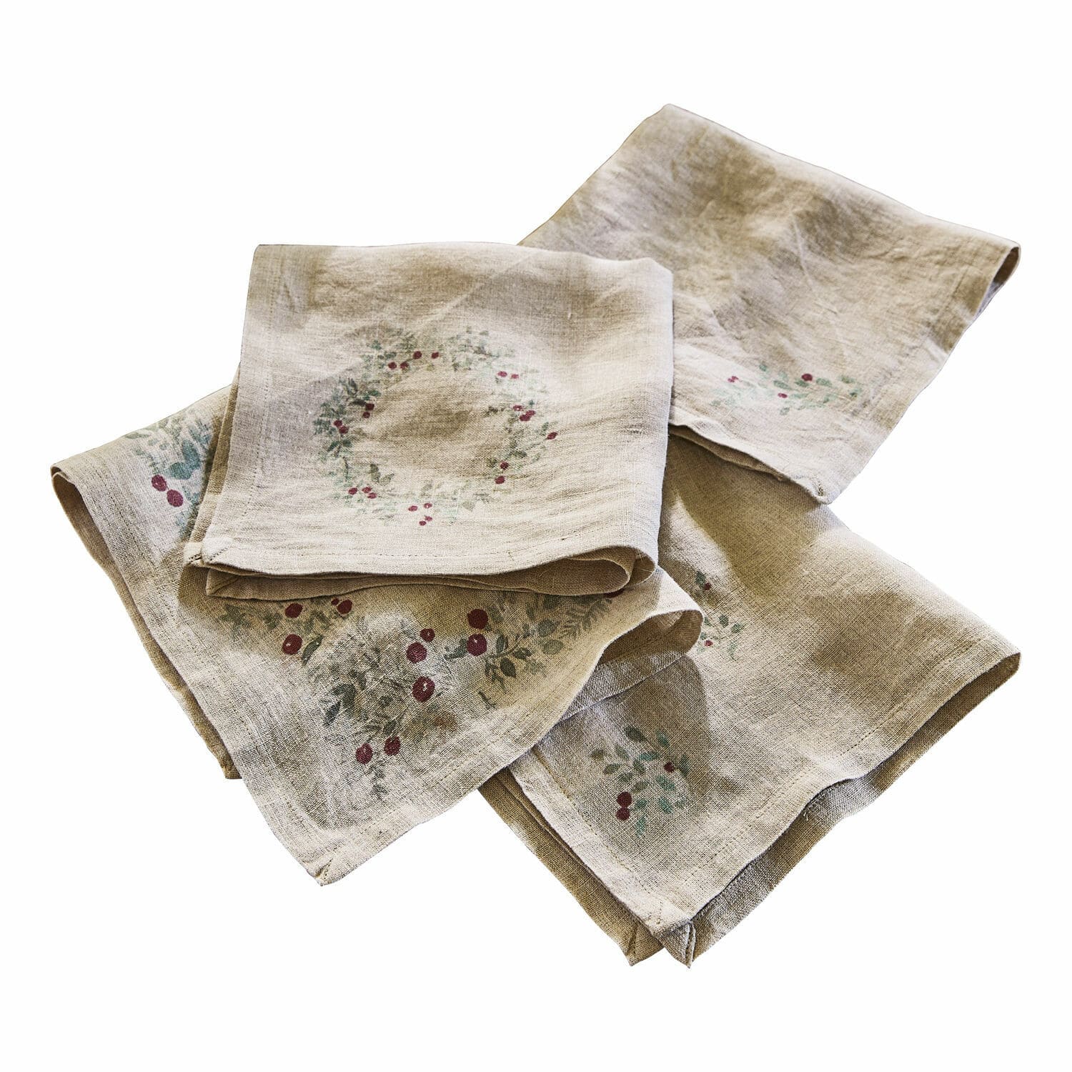 Set de 4 servilletas Lenius Servilletas de lino beige con diseño de bayas rojas y hojas verdes, decoración de mesa