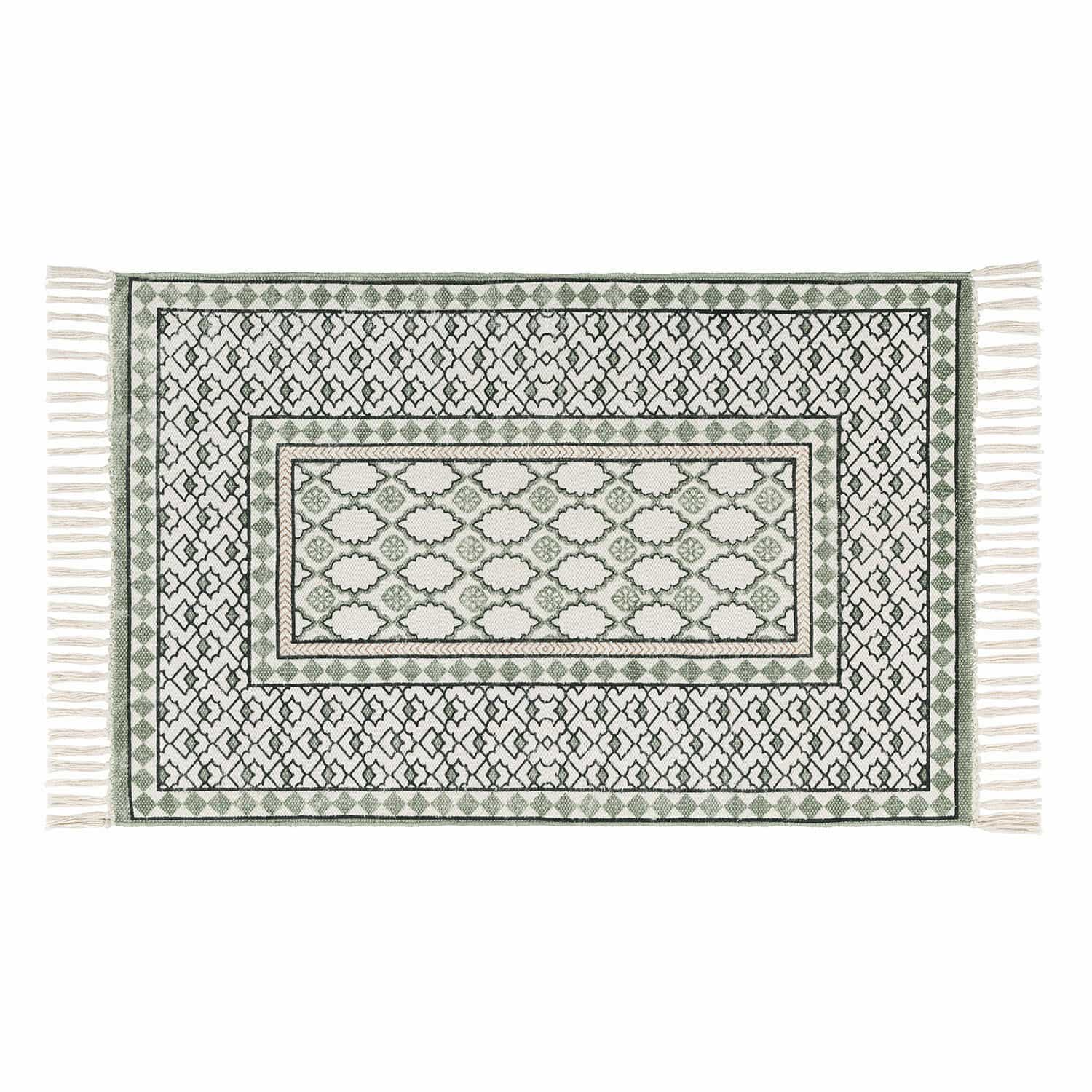 Alfombrilla de baño Vellantino Alfombra de algodón verde y blanca con flecos, diseño decorativo y suave para salón
