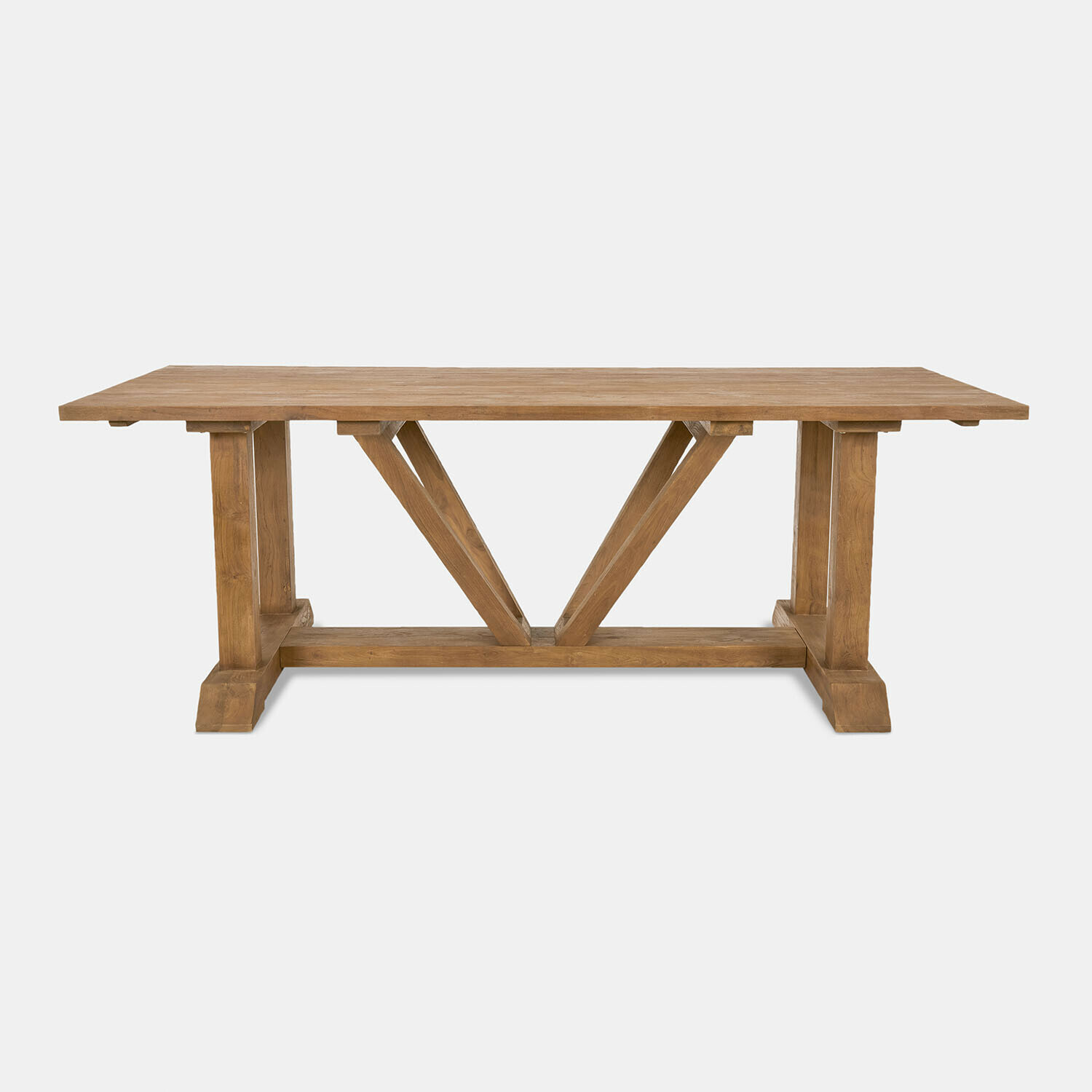Mesa de comedor de madera natural con estructura robusta y soporte decorativo en forma de V