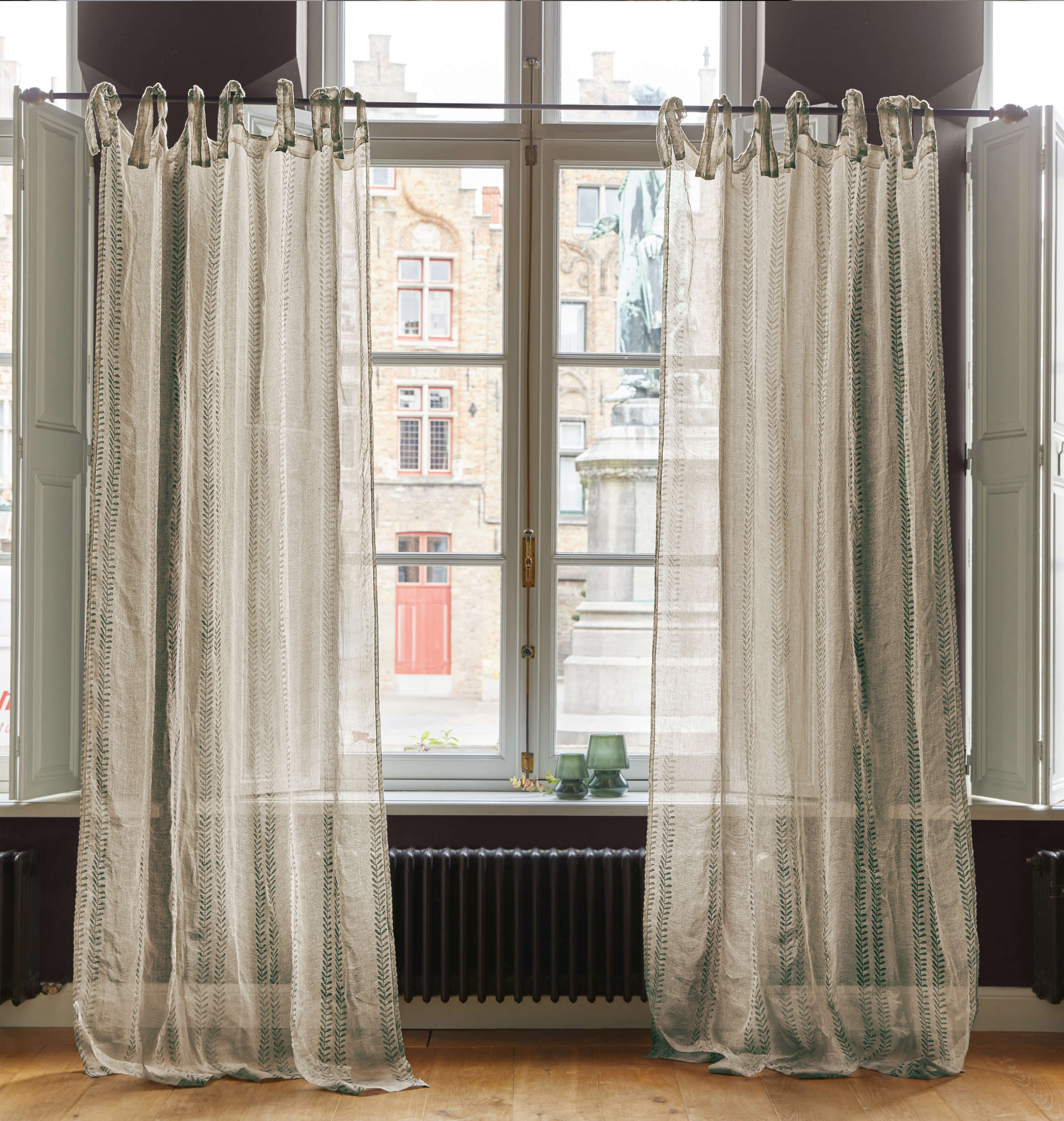 Cortinas transparentes de lino color natural con diseño verde, decoración elegante para ventana de salón