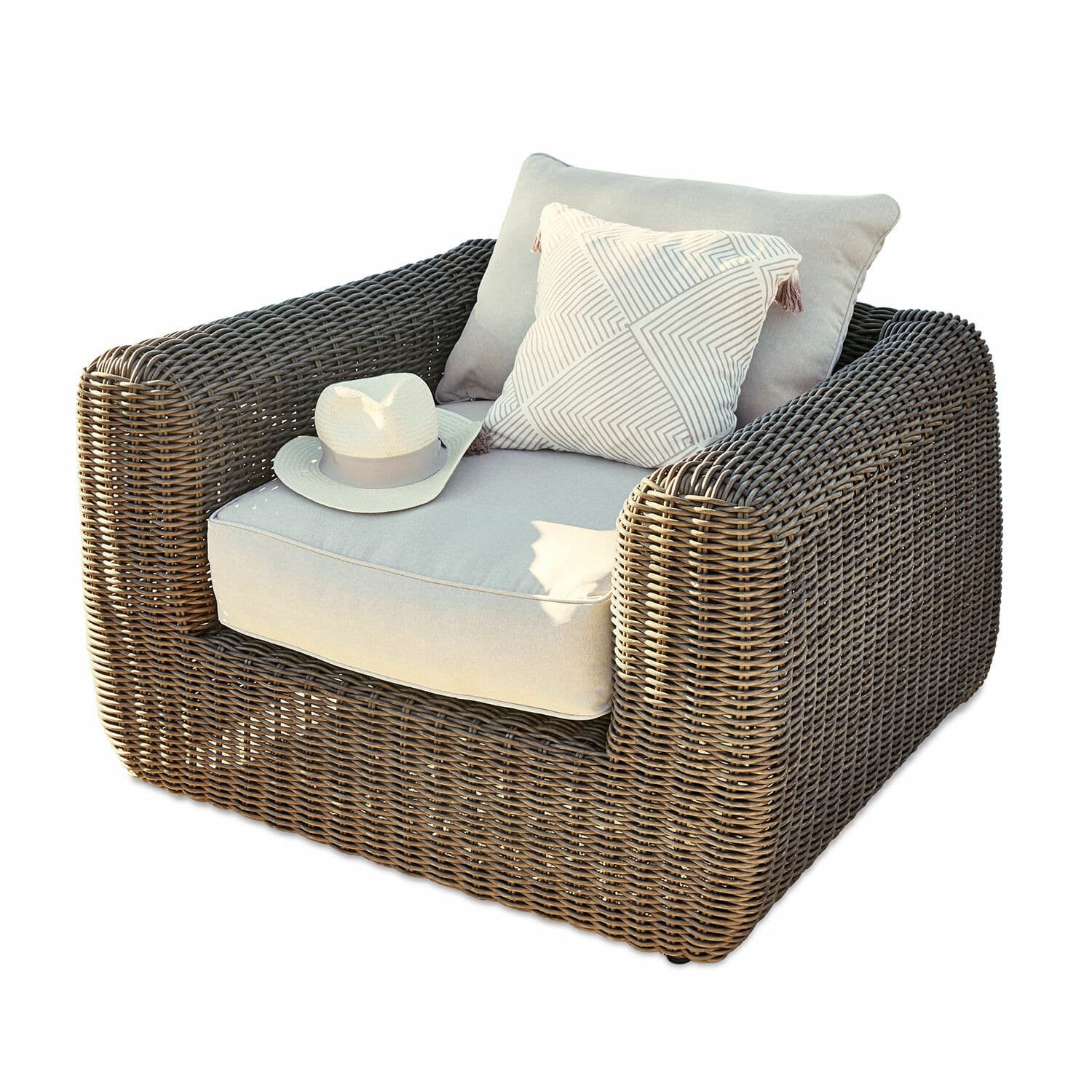 Sillón Bogdanne Sillón de ratán marrón con cojines gris claro y cojín decorativo con patrón geométrico