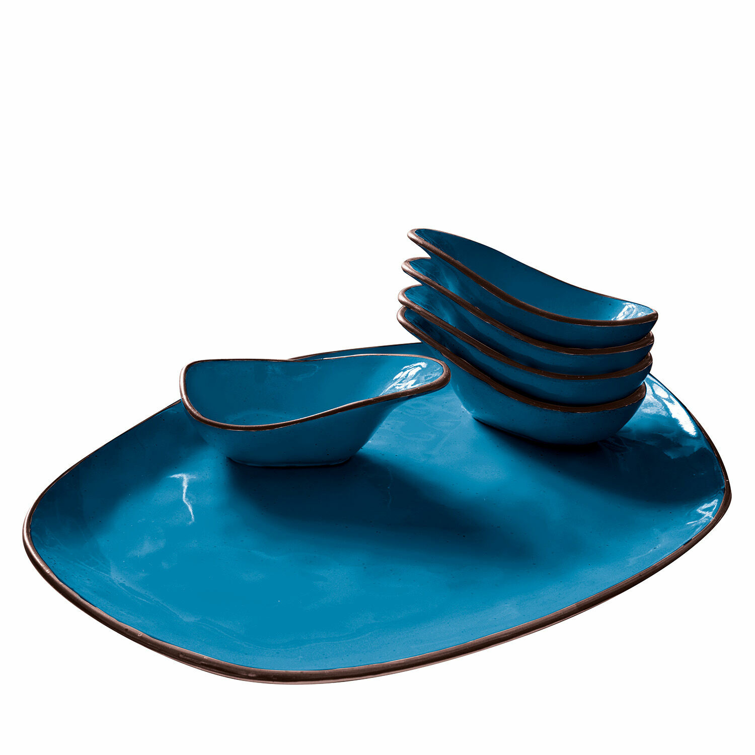 azul Set de 6 cuencos de cerámica azul con plato grande para servir bordeado en marrón