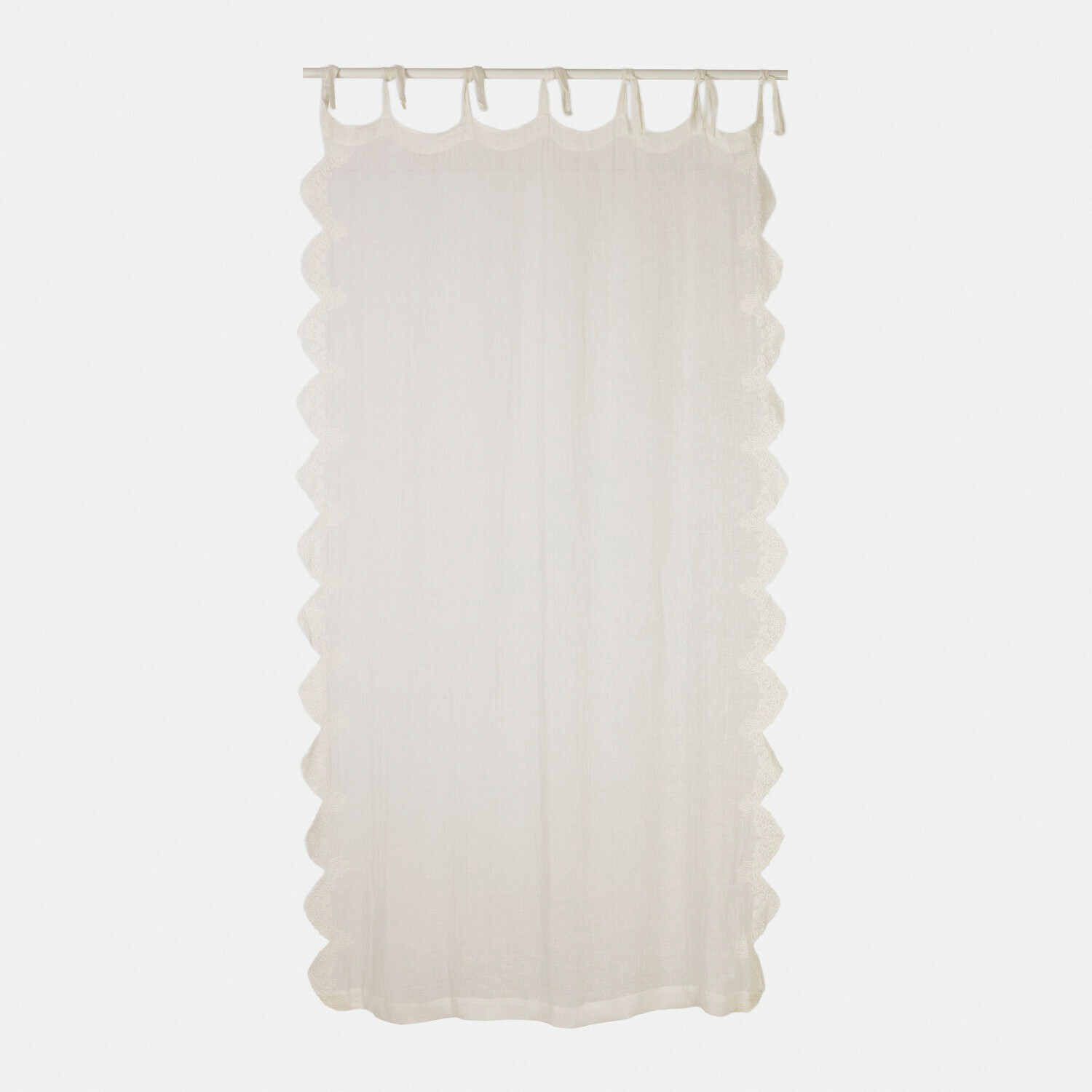 Cortina Dolcin Cortina blanca de algodón con borde ondulado y lazos para colgar, decoración para ventana