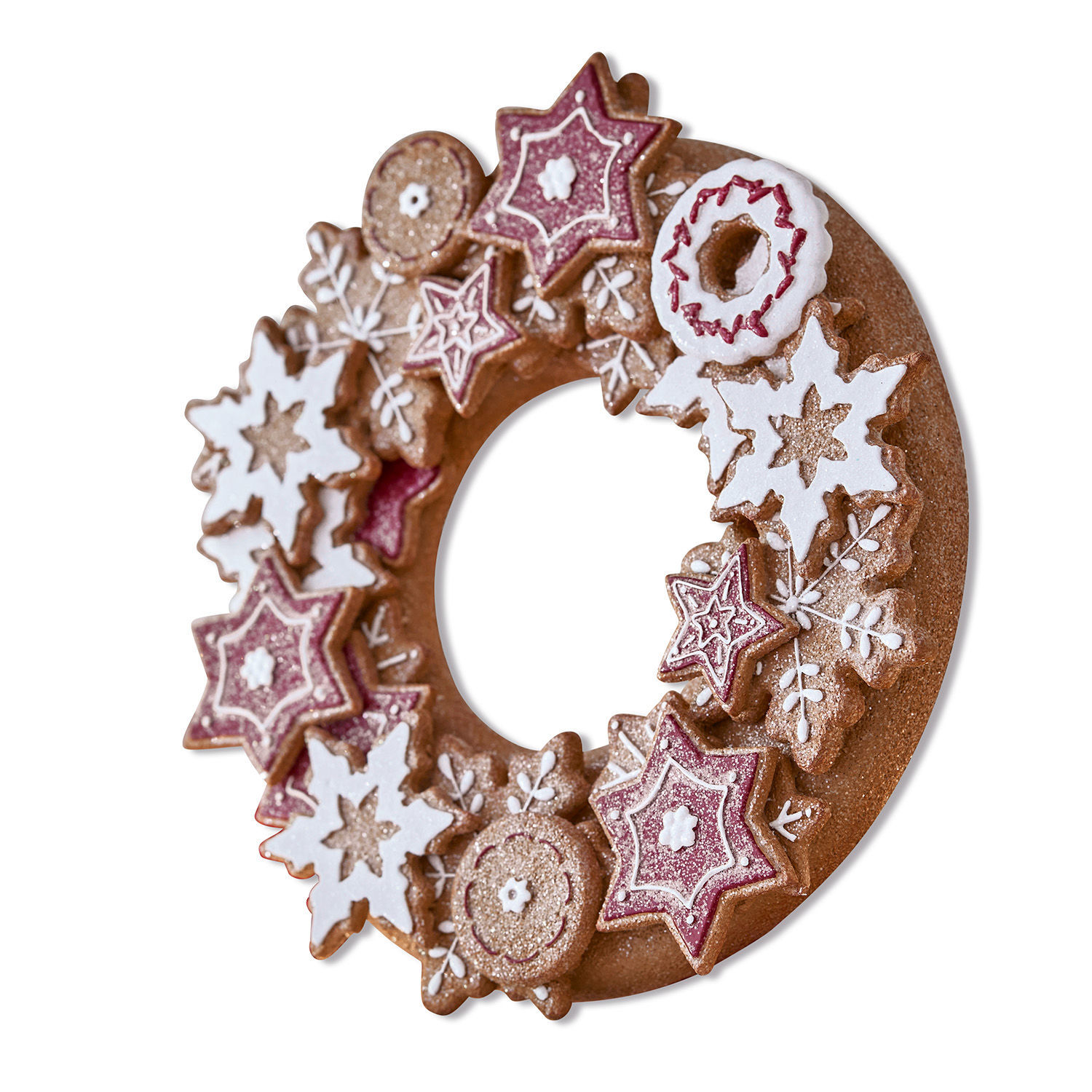 Corona Anyama Corona decorativa de galletas de jengibre con formas de estrellas y copos con glaseado blanco y rojo