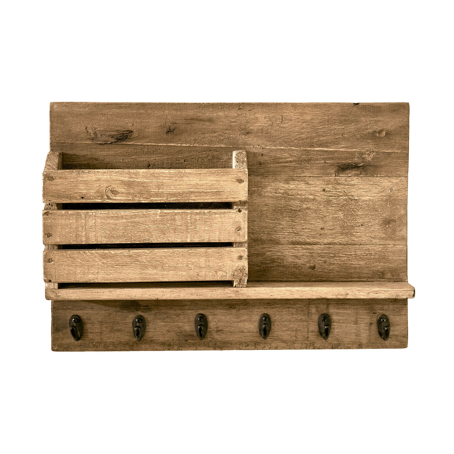 Organizador Turell Estante de pared de madera natural con ganchos y caja para guardar objetos pequeños