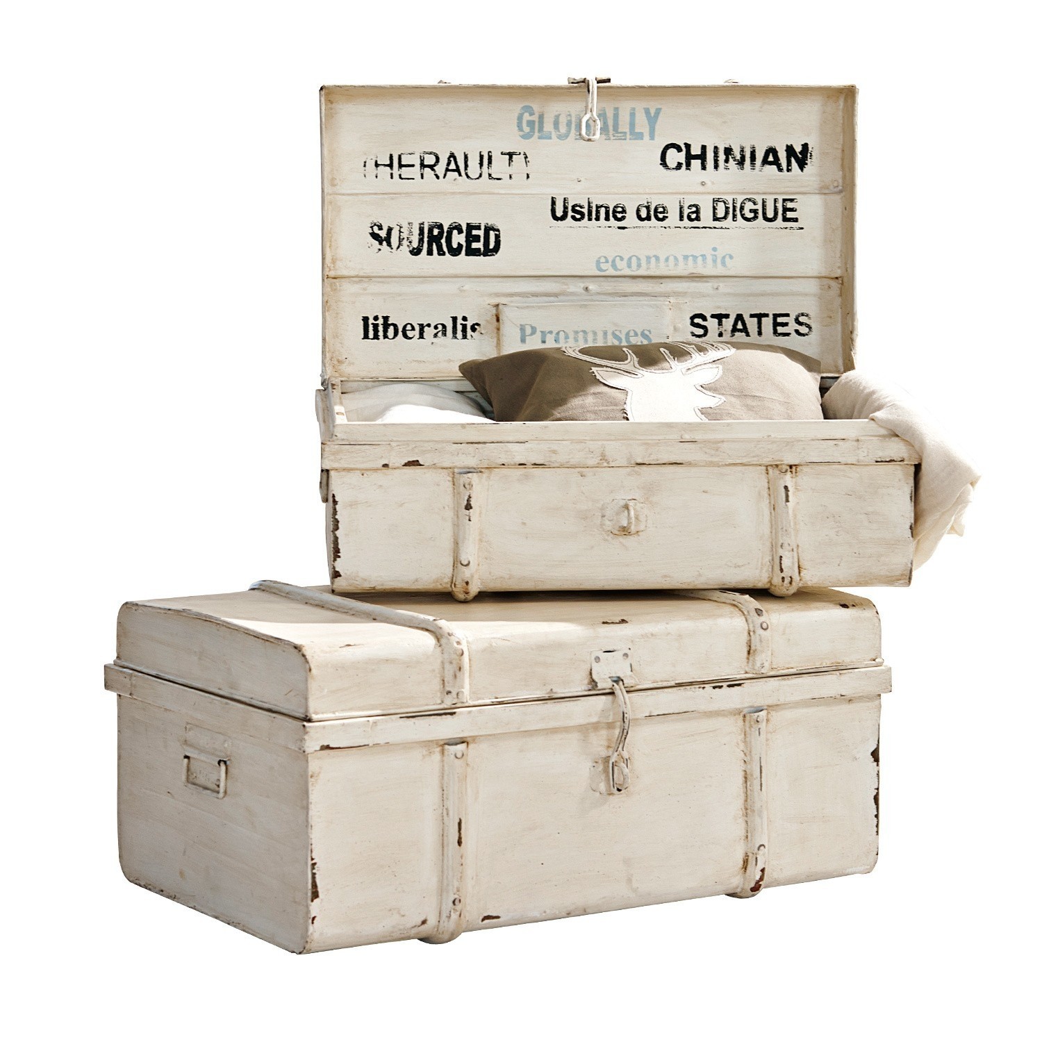 Set de 2 baúles Riga Baúl de madera blanca envejecida con texto impreso, caja decorativa para almacenamiento vintage