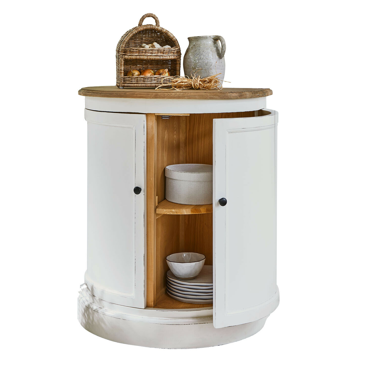 Mueble auxiliar Louisiana Armario redondo blanco de madera con estantes y encimera de madera natural para guardar vajilla