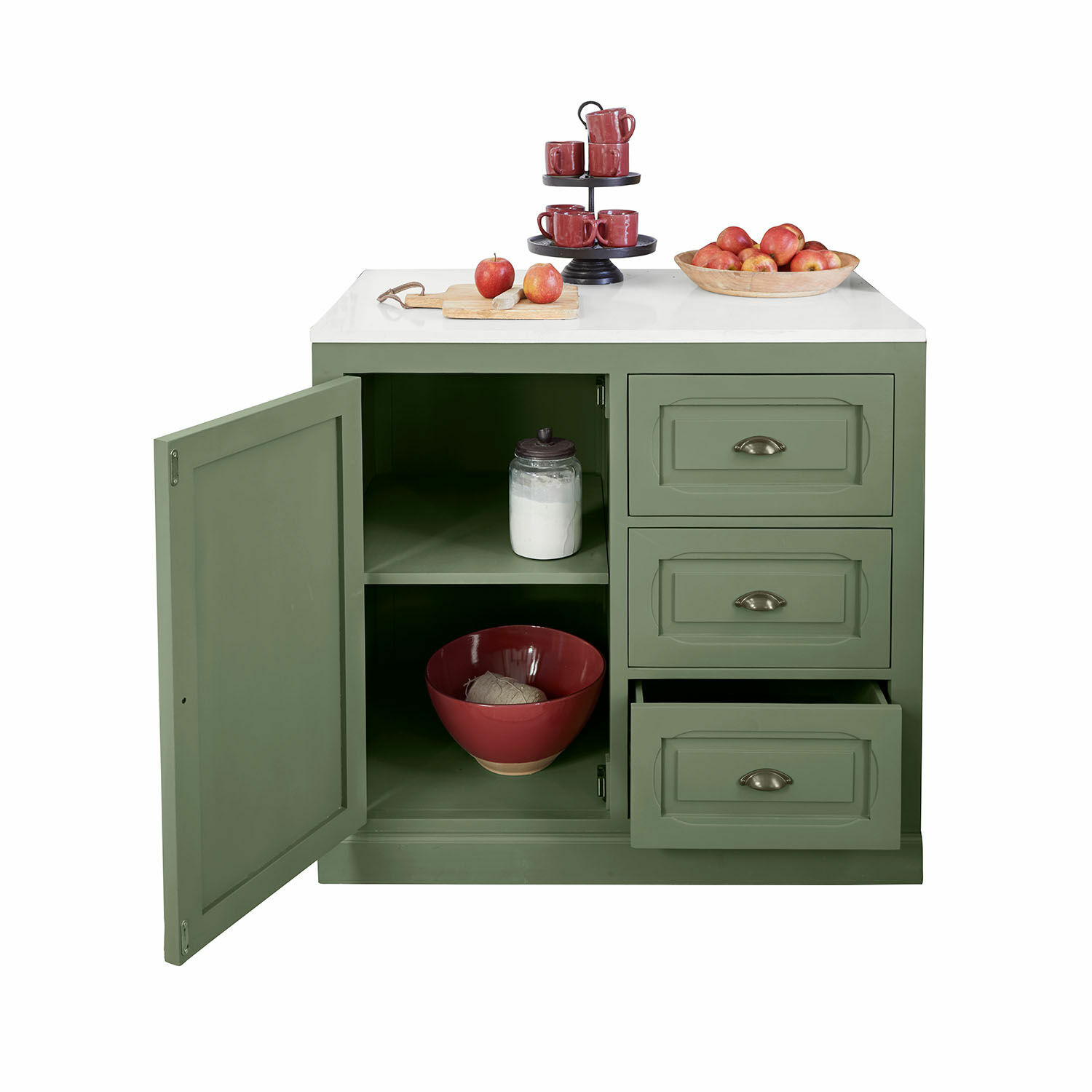 Armario de cocina Lansbury Mueble de cocina verde con encimera blanca, puertas y cajones abiertos, vajilla roja y manzanas encima