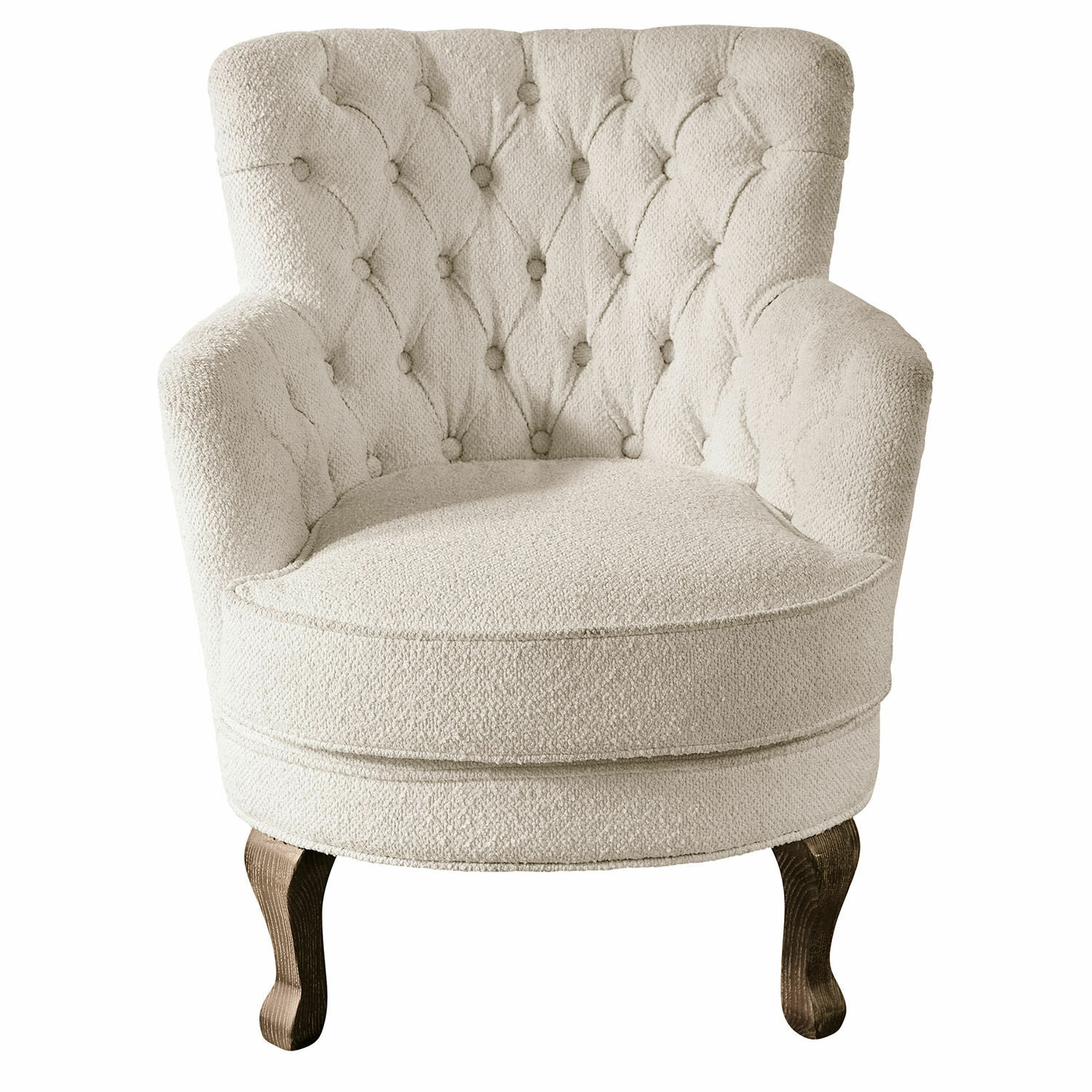 crema Sillón Calgary crema de tela bouclé con patas de madera, asiento cómodo para salón