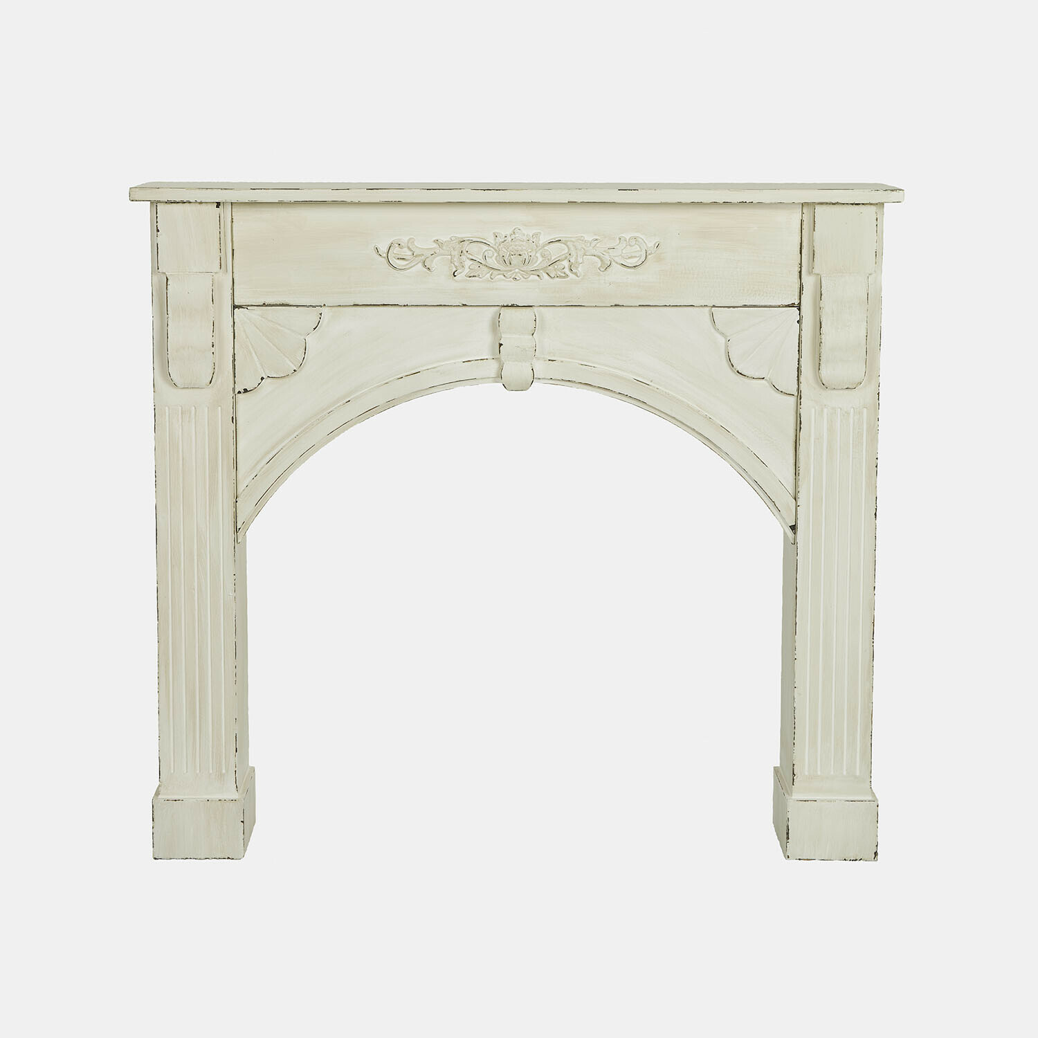 blanco envejecido Consola de chimenea Maxwell en madera blanca antigua con detalles tallados y diseño clásico