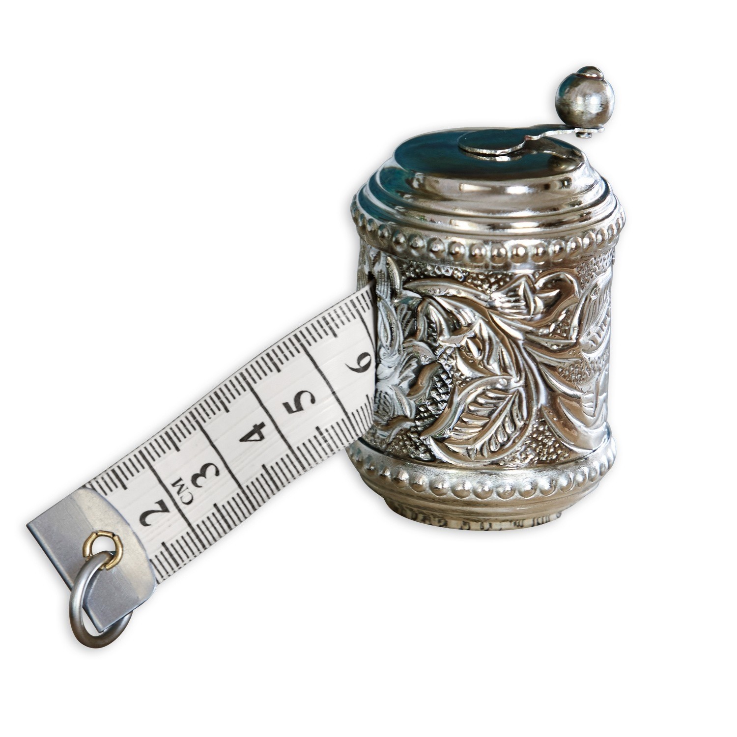 Cinta métrica Mètre Cinta métrica metálica plateada con diseño decorativo y cinta blanca de medición hasta 6 cm