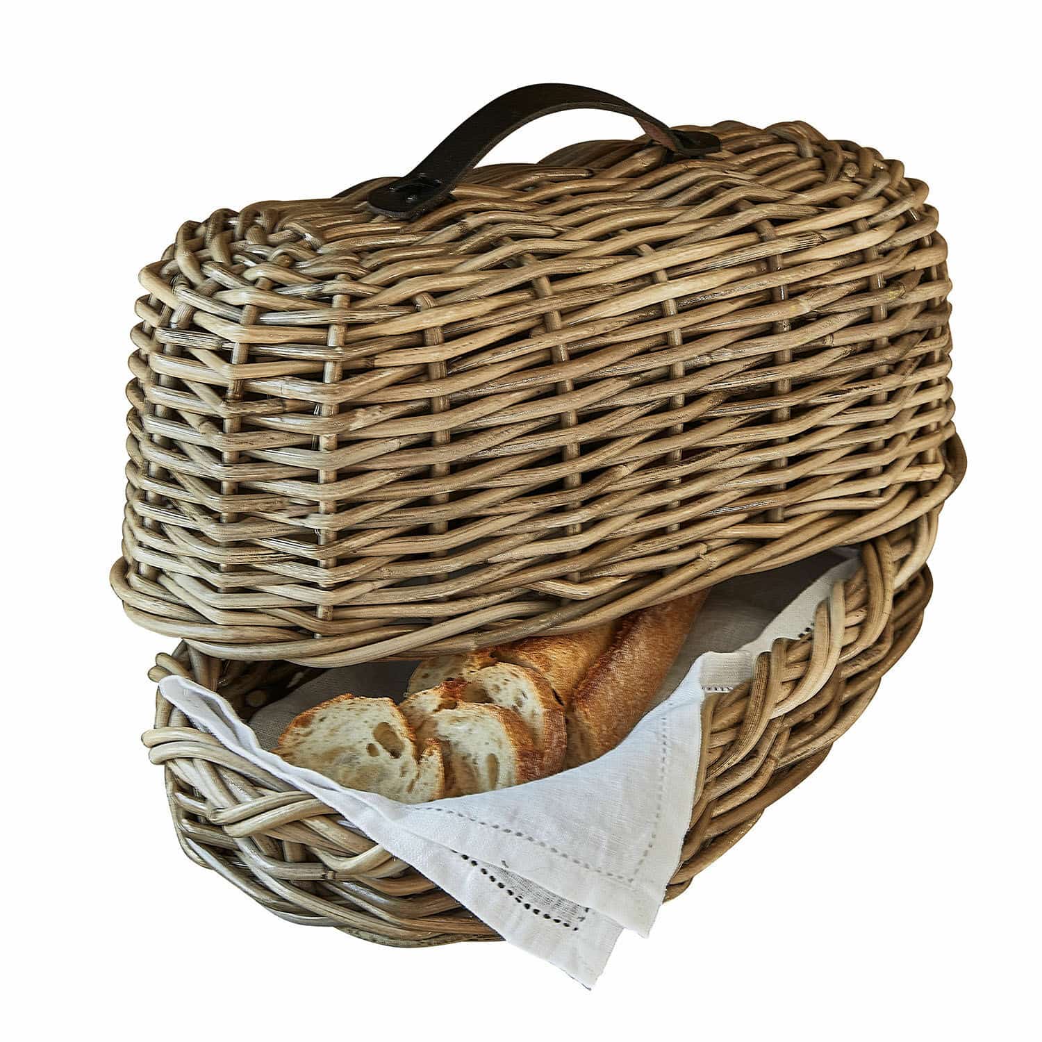 Panera Gioialetto Cesta de pan de ratán natural con paño blanco y baguette en su interior