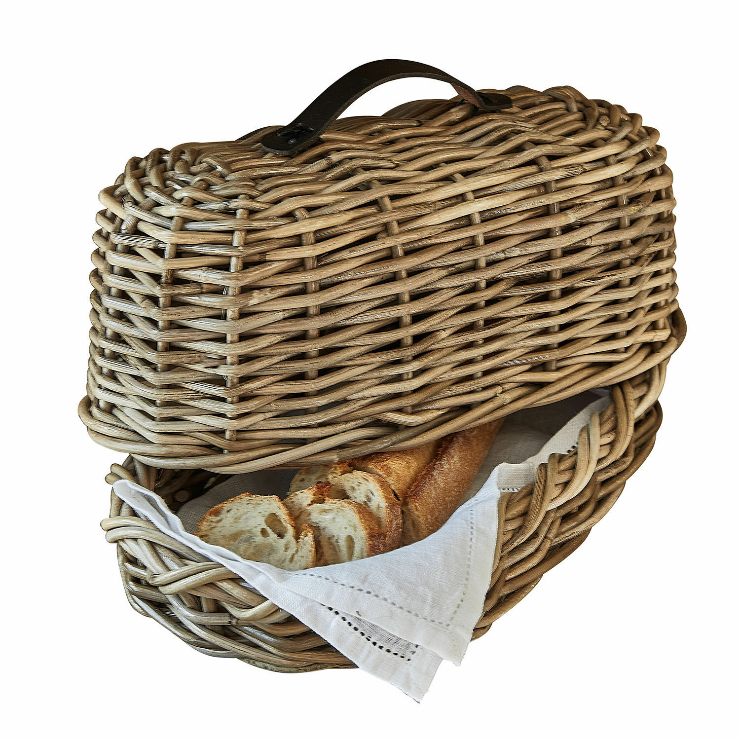 Panera Gioialetto Cesta de pan de ratán natural con paño blanco y baguette en su interior
