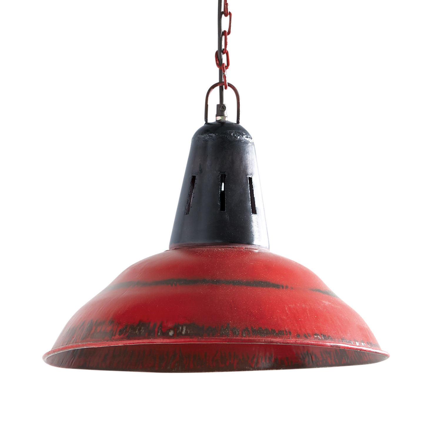 Lámpara colgante metálica roja Dukes con soporte negro y cadena para iluminación interior