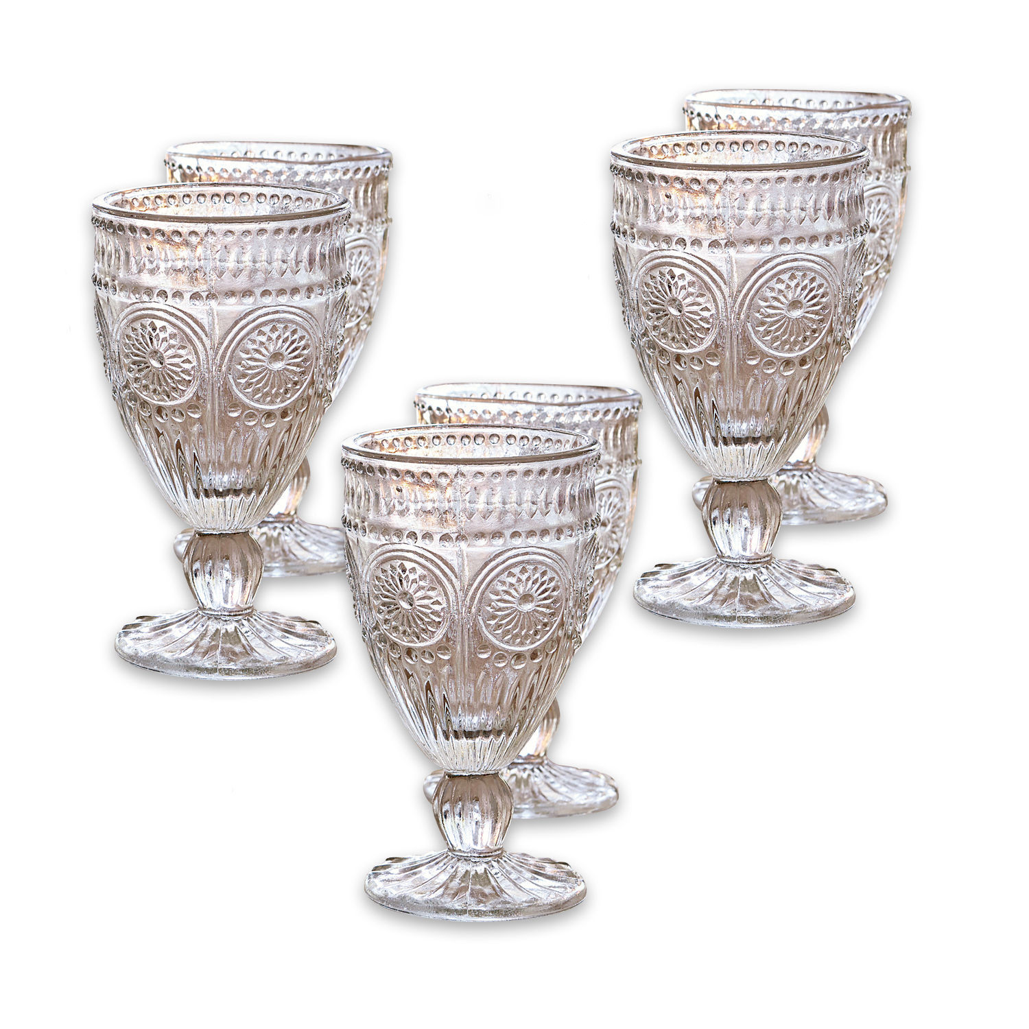 Set de 6 vasos Leatrice Juego de seis vasos transparentes de vidrio grueso con diseño decorativo para bebidas
