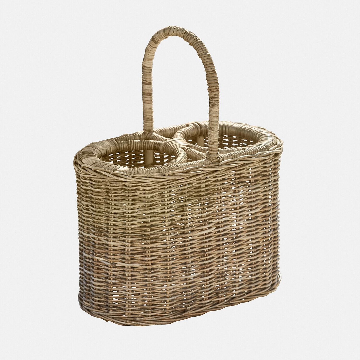 Cesta de mimbre natural con asa y compartimentos para transportar botellas o vajilla